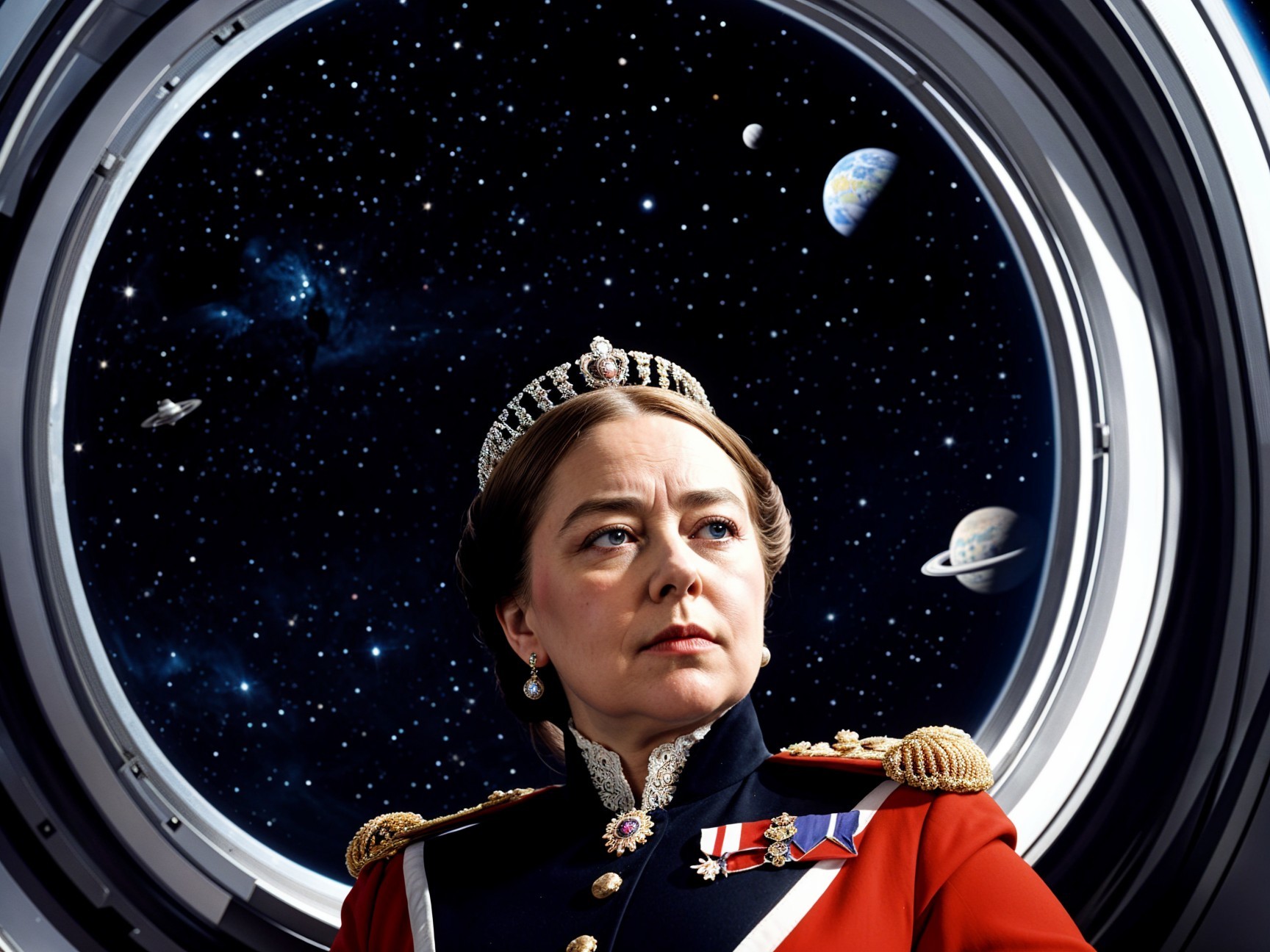 Regal Figure in Spacecraft Against Cosmic Backdrop