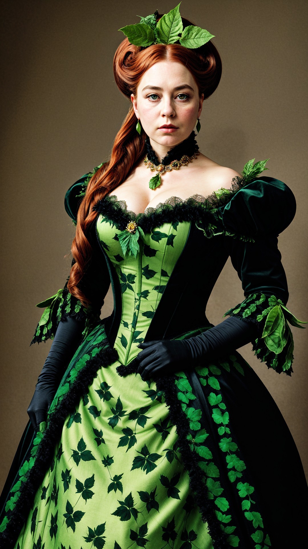Woman in Green Gown with Leaf Accents and Lace