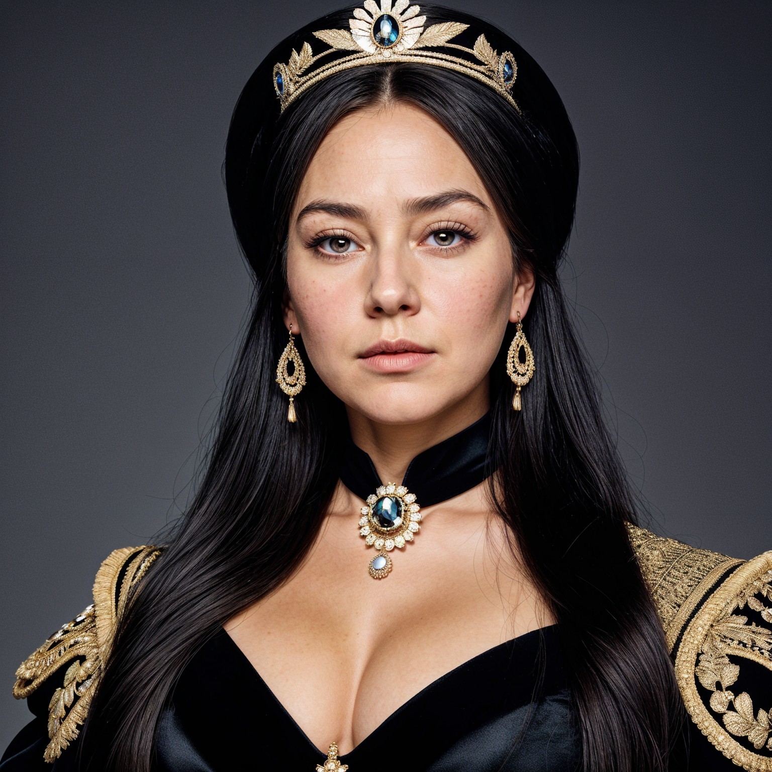 Regal Woman in Black Gown with Gold Embroidery