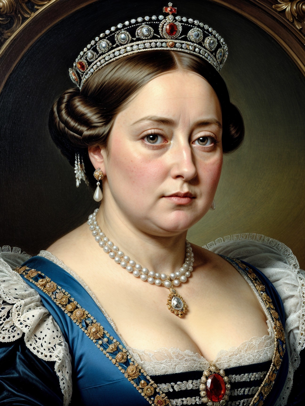 Regal woman in gemstone crown and luxurious gown