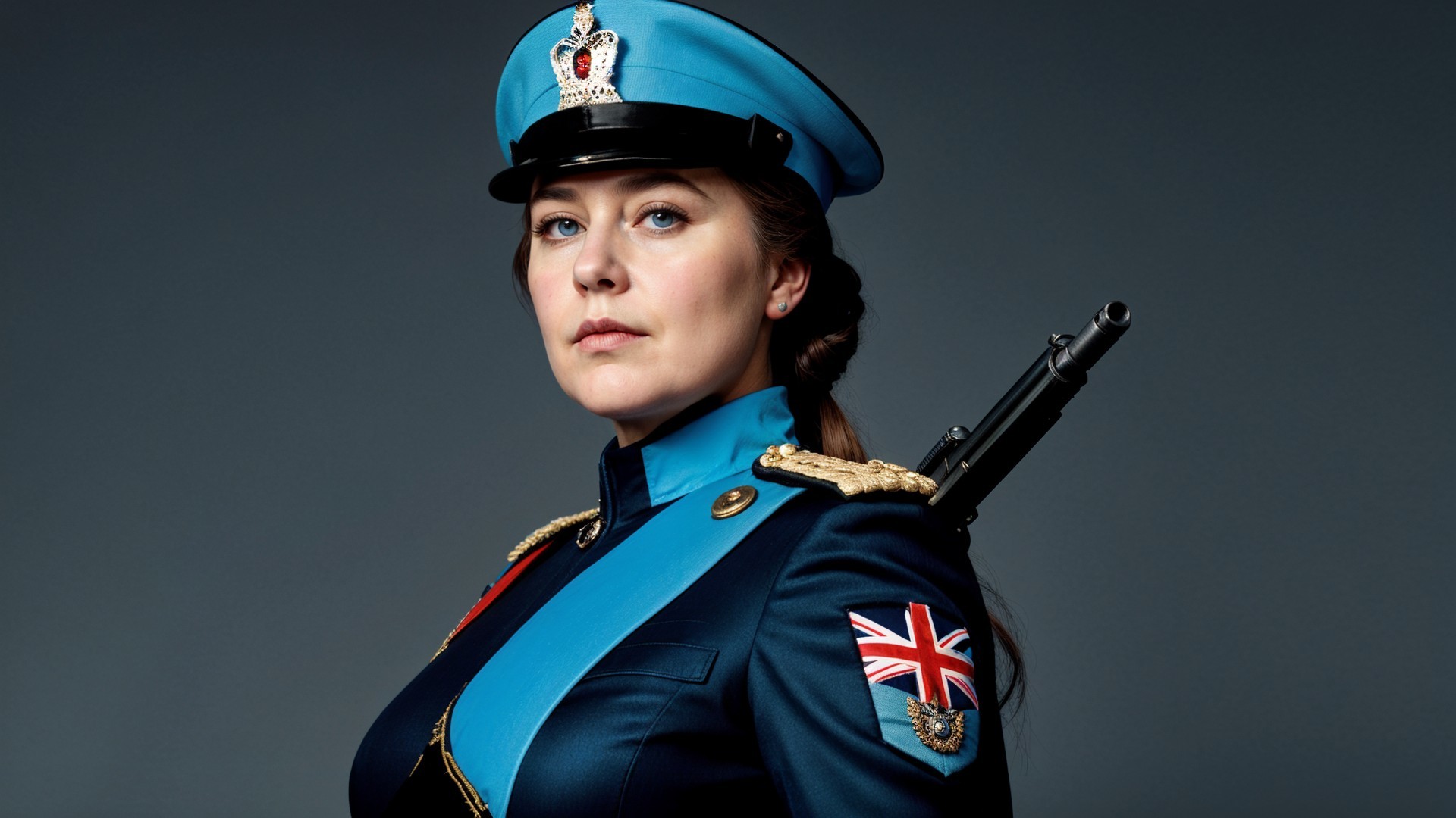 Woman in British Military Uniform with Firearm