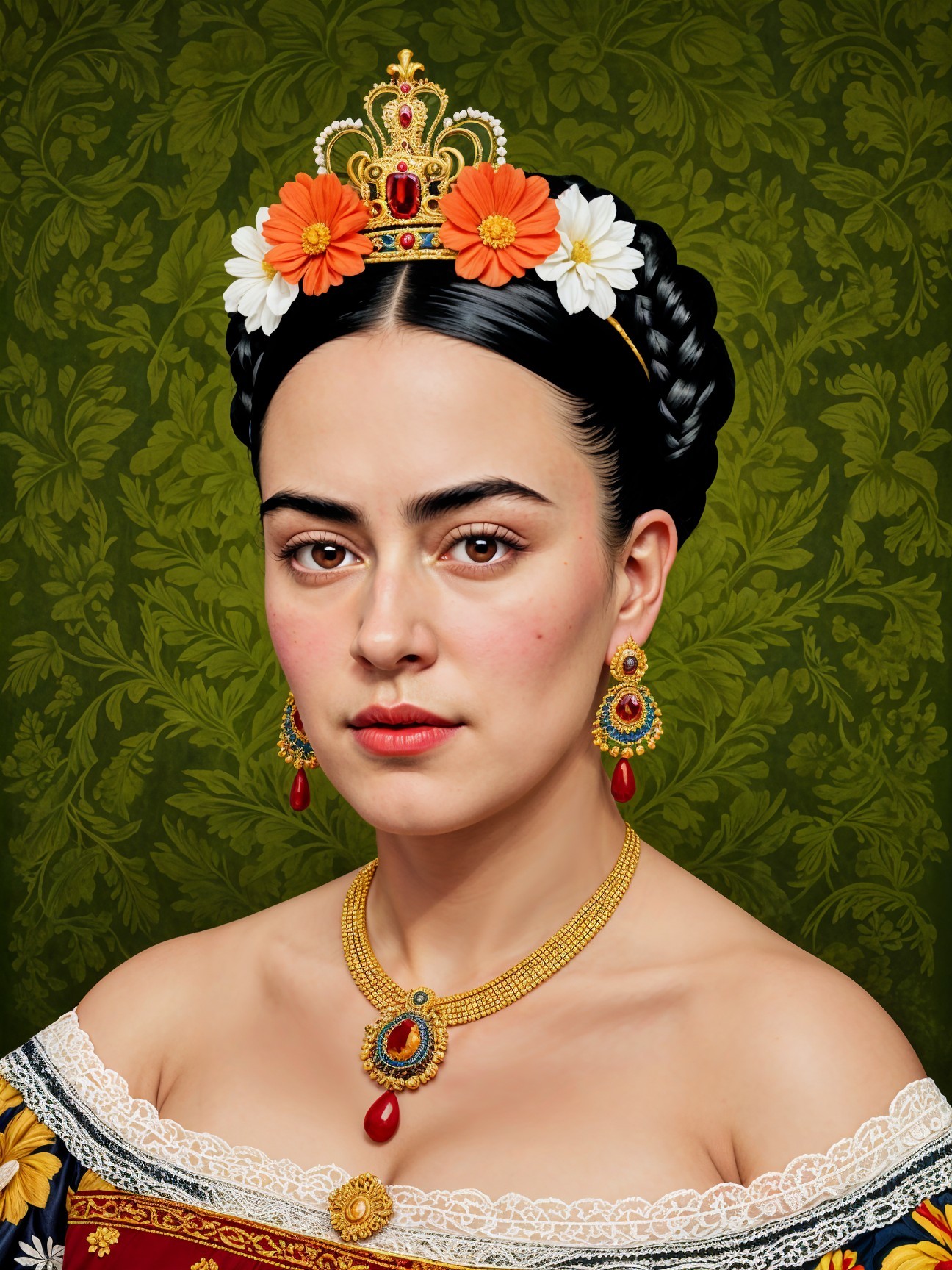 Portrait of a Woman with Floral Crown and Jewelry