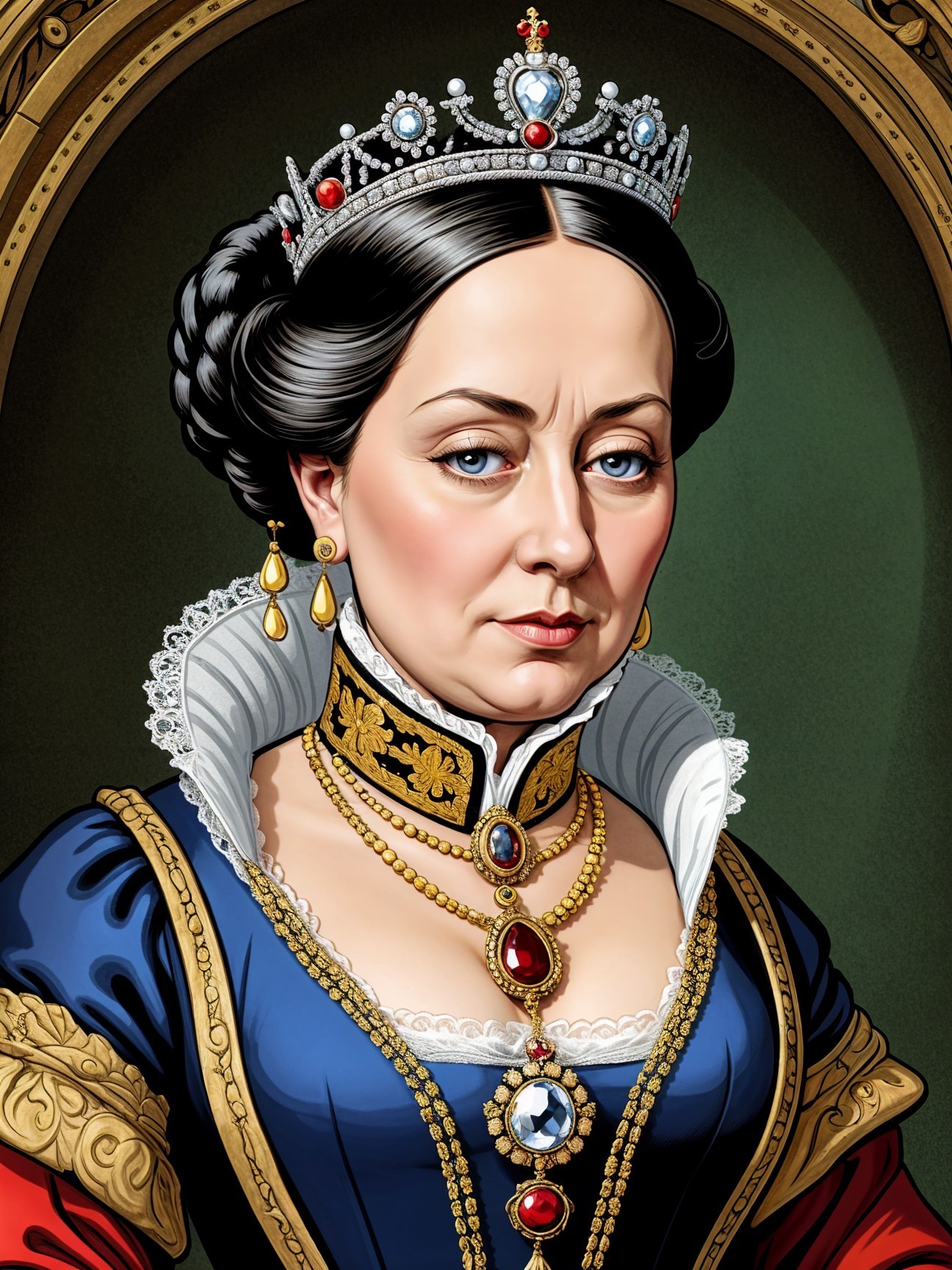 Regal Woman in Ornate Gown with Crown and Jewelry