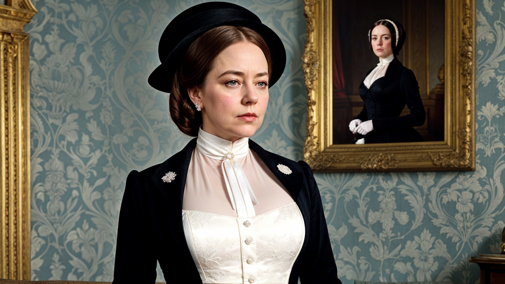 Victorian Woman in Elegant Attire with Vintage Decor