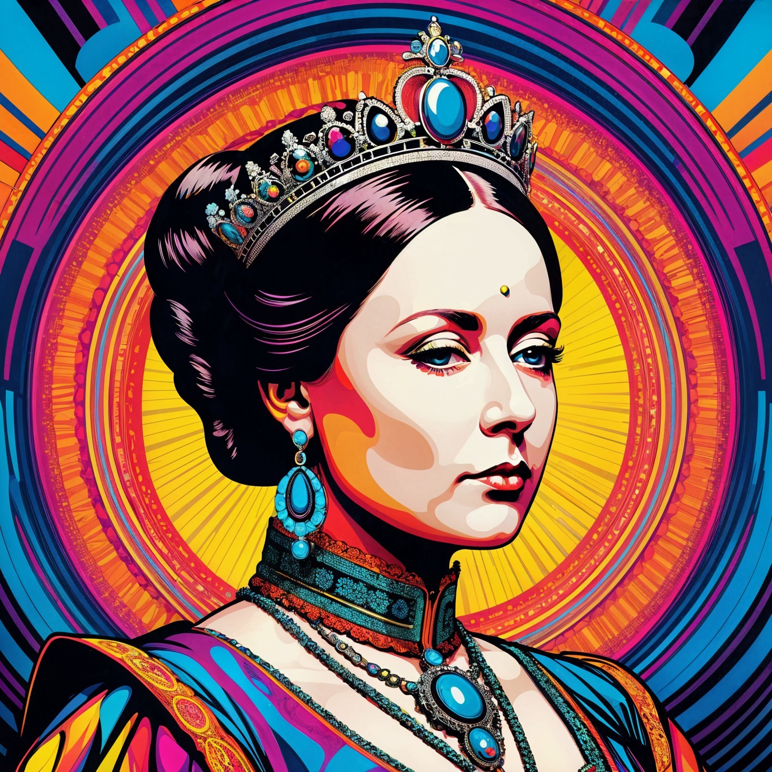 Regal woman portrait with crown and vibrant attire