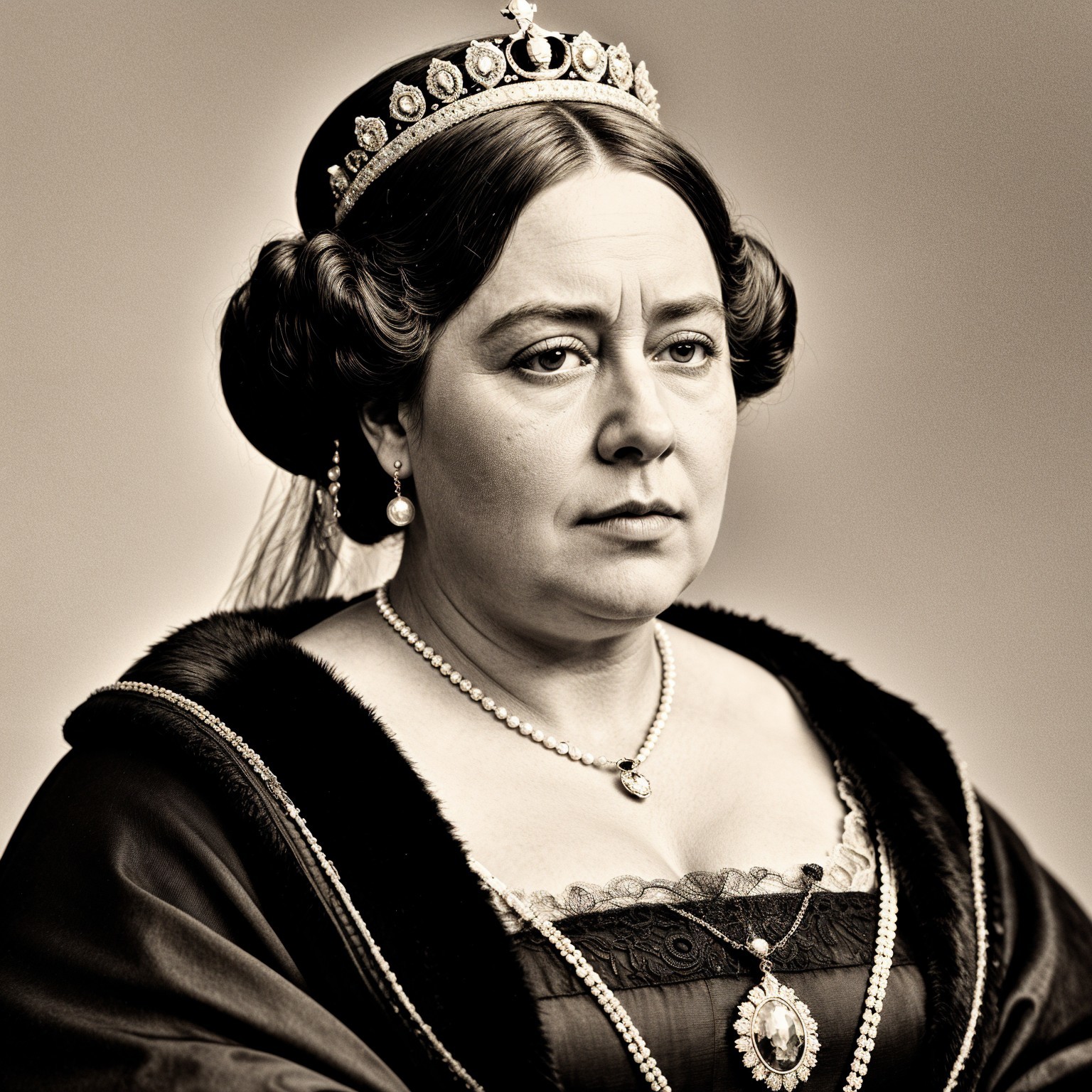 Regal Figure in Elaborate Gown with Crown and Jewelry