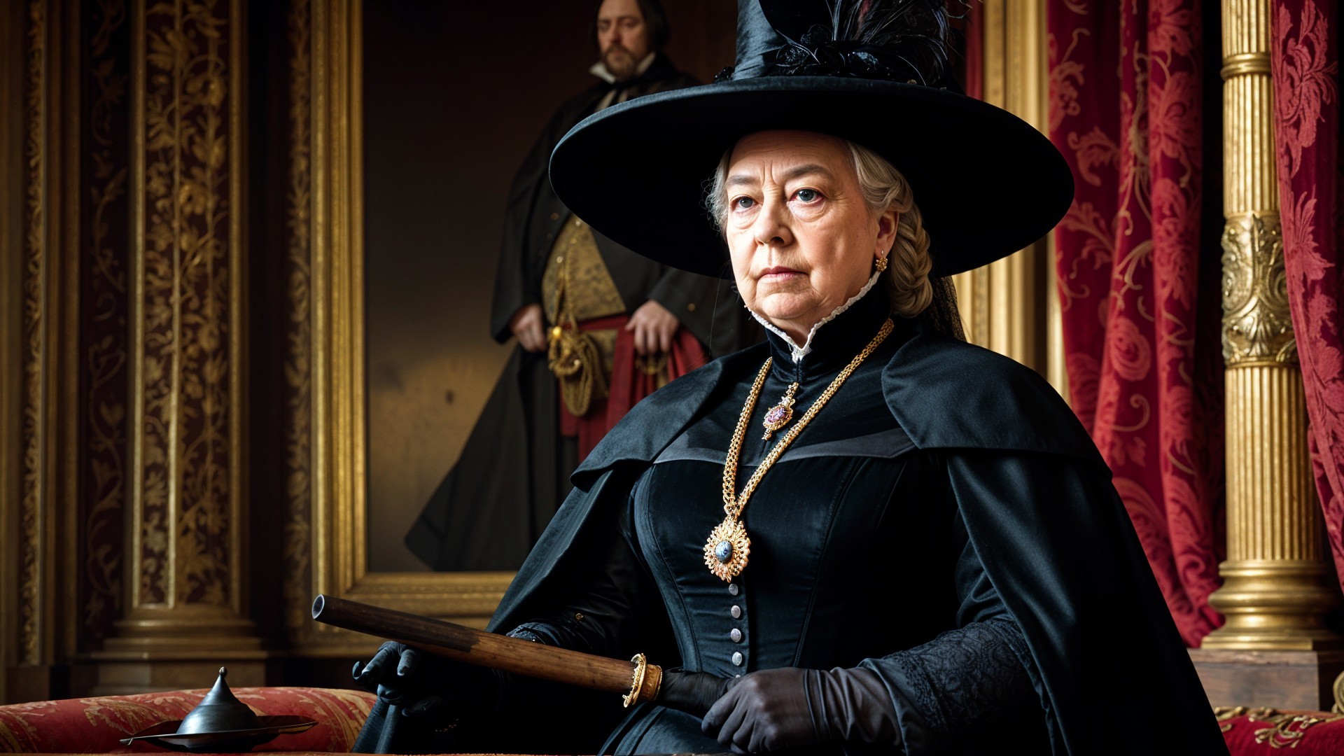 Victorian Figure in Black Gown with Opulent Decor