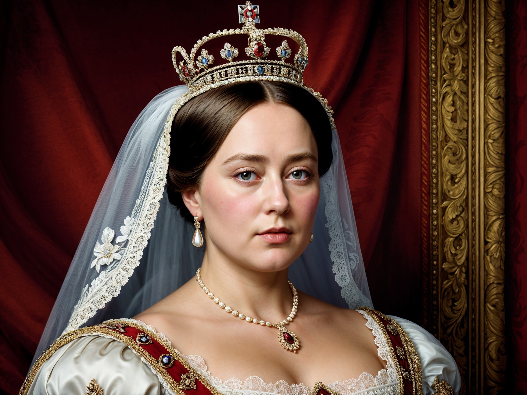 Regal Figure in Elaborate Historical Gown and Crown
