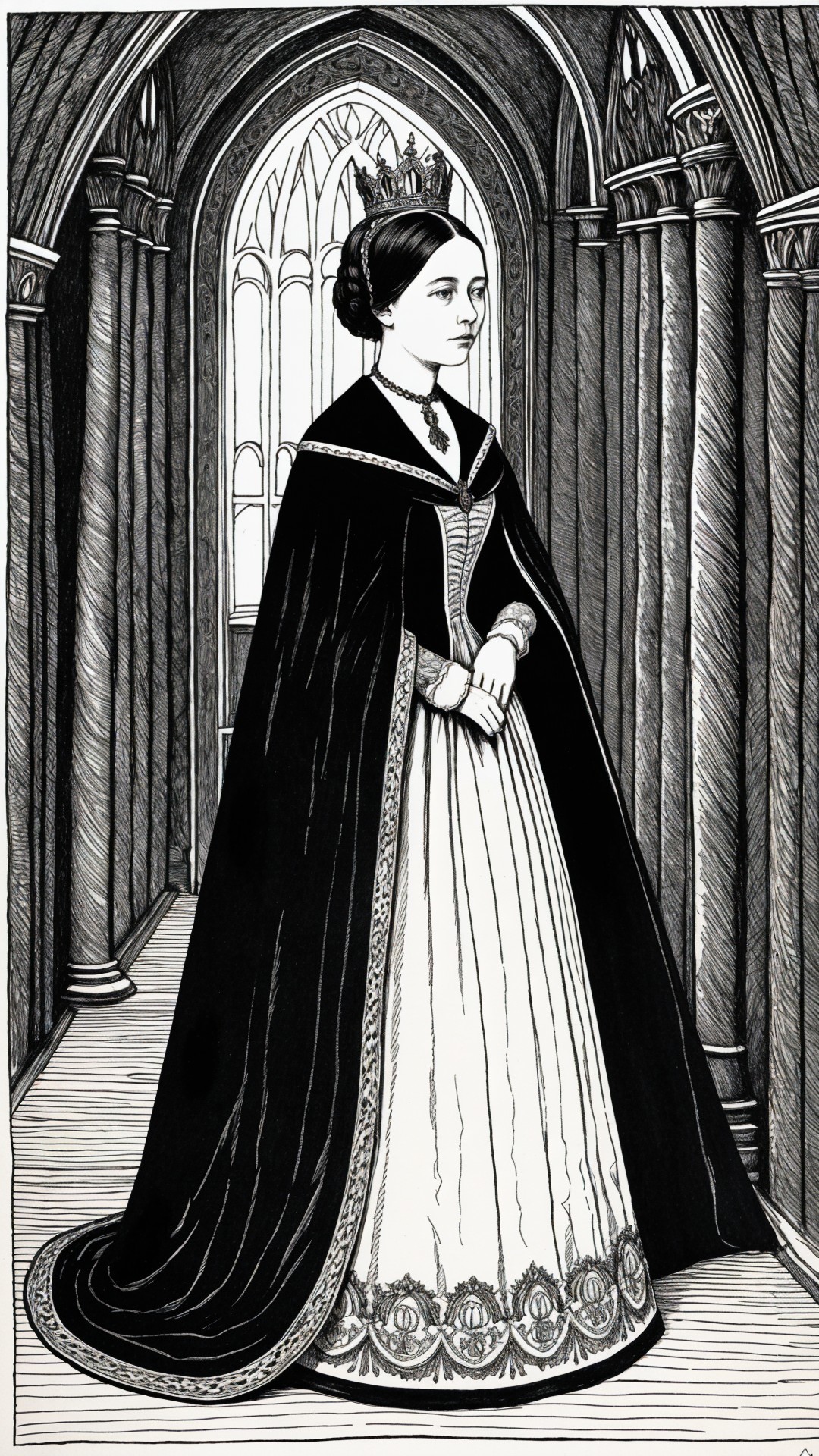 Black and white ink drawing of a regal woman in a hall