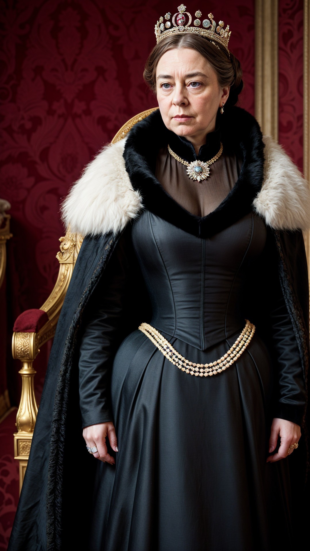 Regal figure on ornate throne in elegant black gown