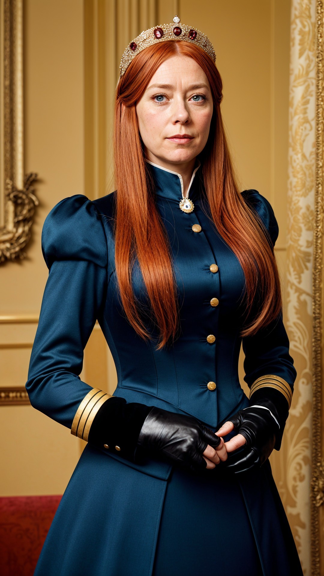 Regal Woman in Blue Dress with Gold Details