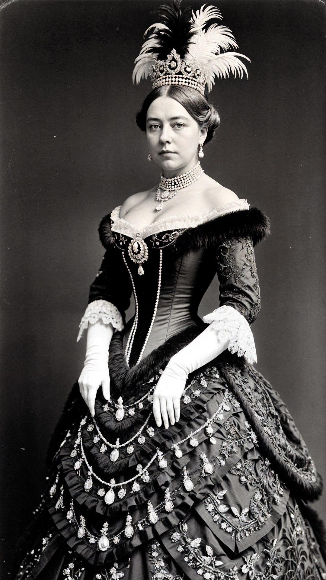 Regal Woman in Elaborate Black Gown and Tiara