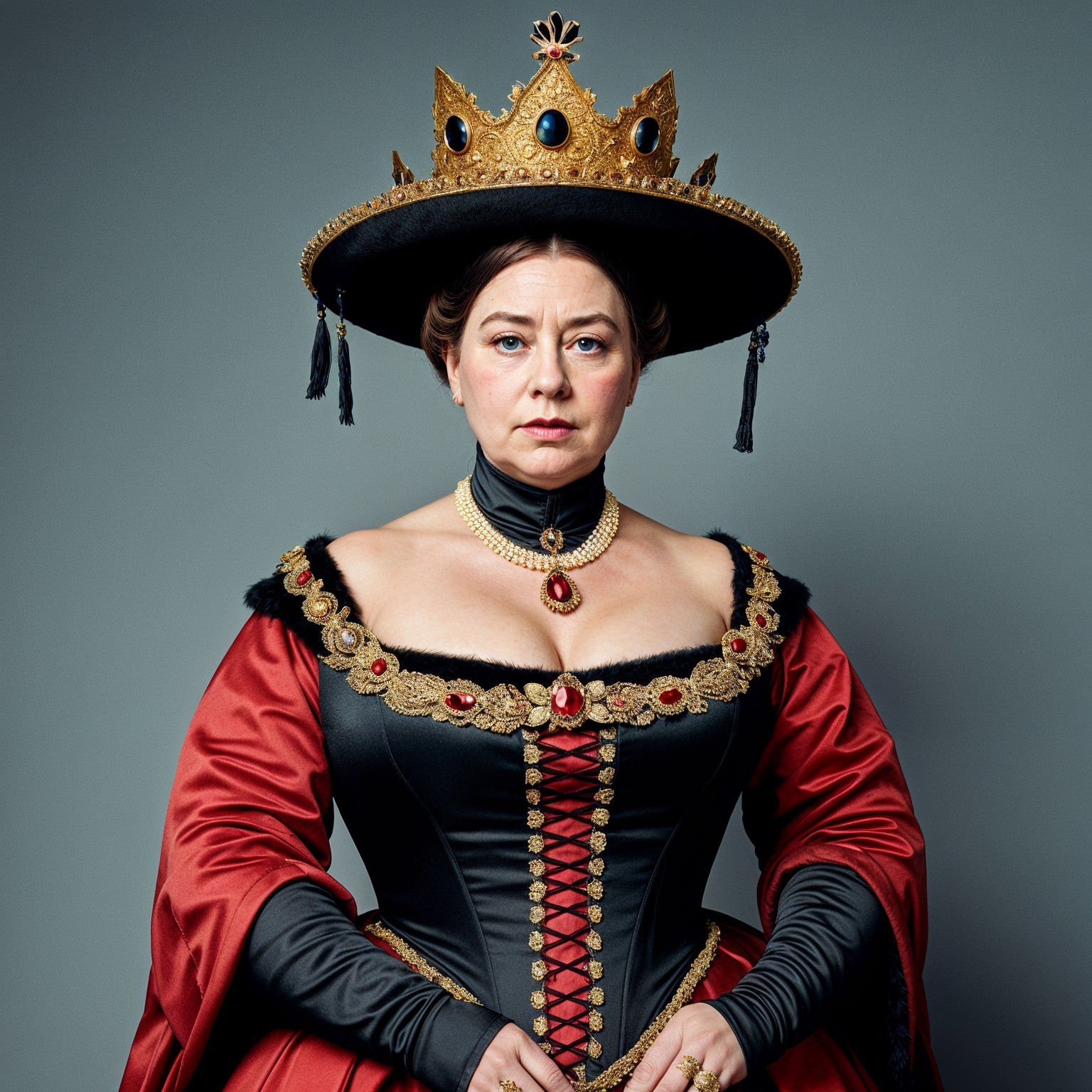 Portrait of a woman in regal black and red attire