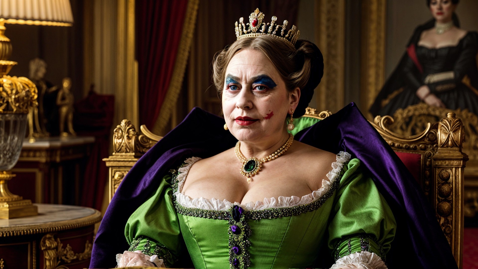 Regal Woman in Green Gown on Ornate Throne