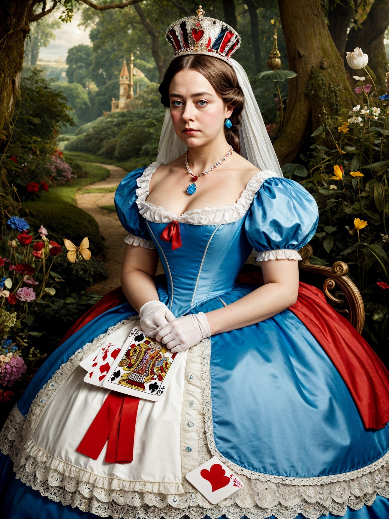 Young Woman in Renaissance Ballgown in Whimsical Garden