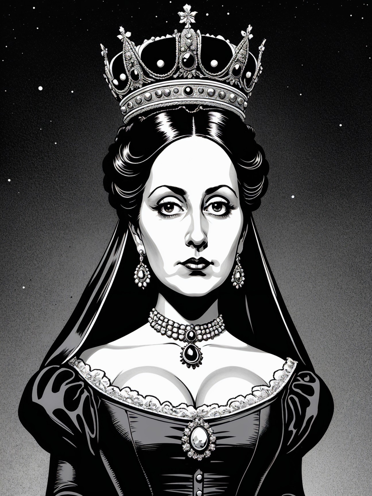 Regal woman in crown and opulent gown with veil