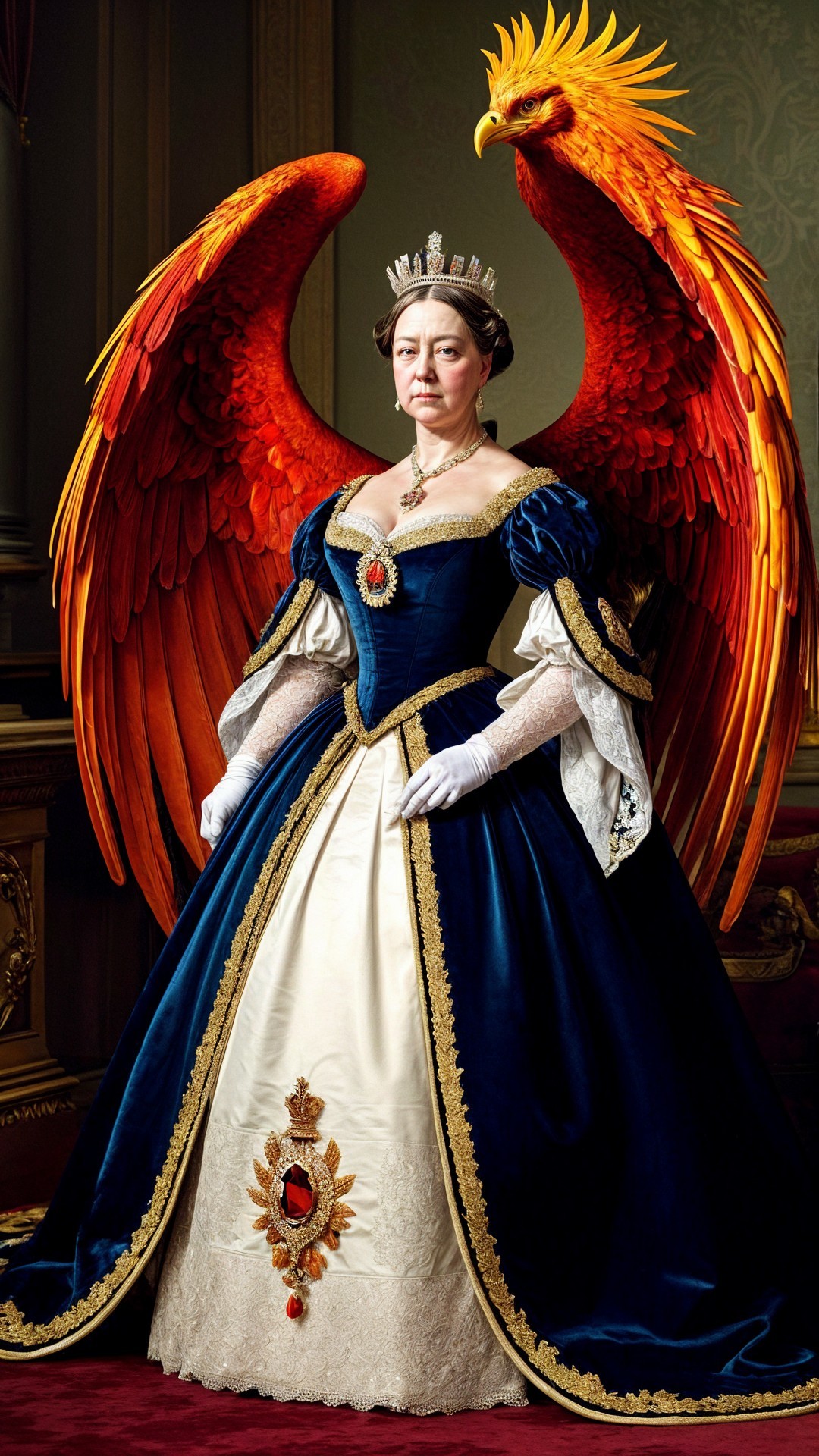 Regal figure in ornate gown with phoenix backdrop