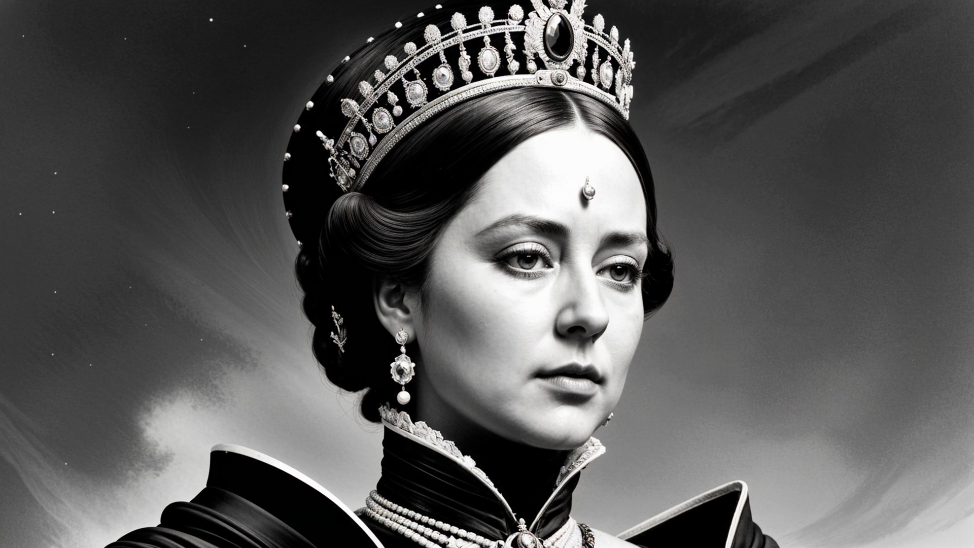 Regal figure in dark gown with jeweled crown