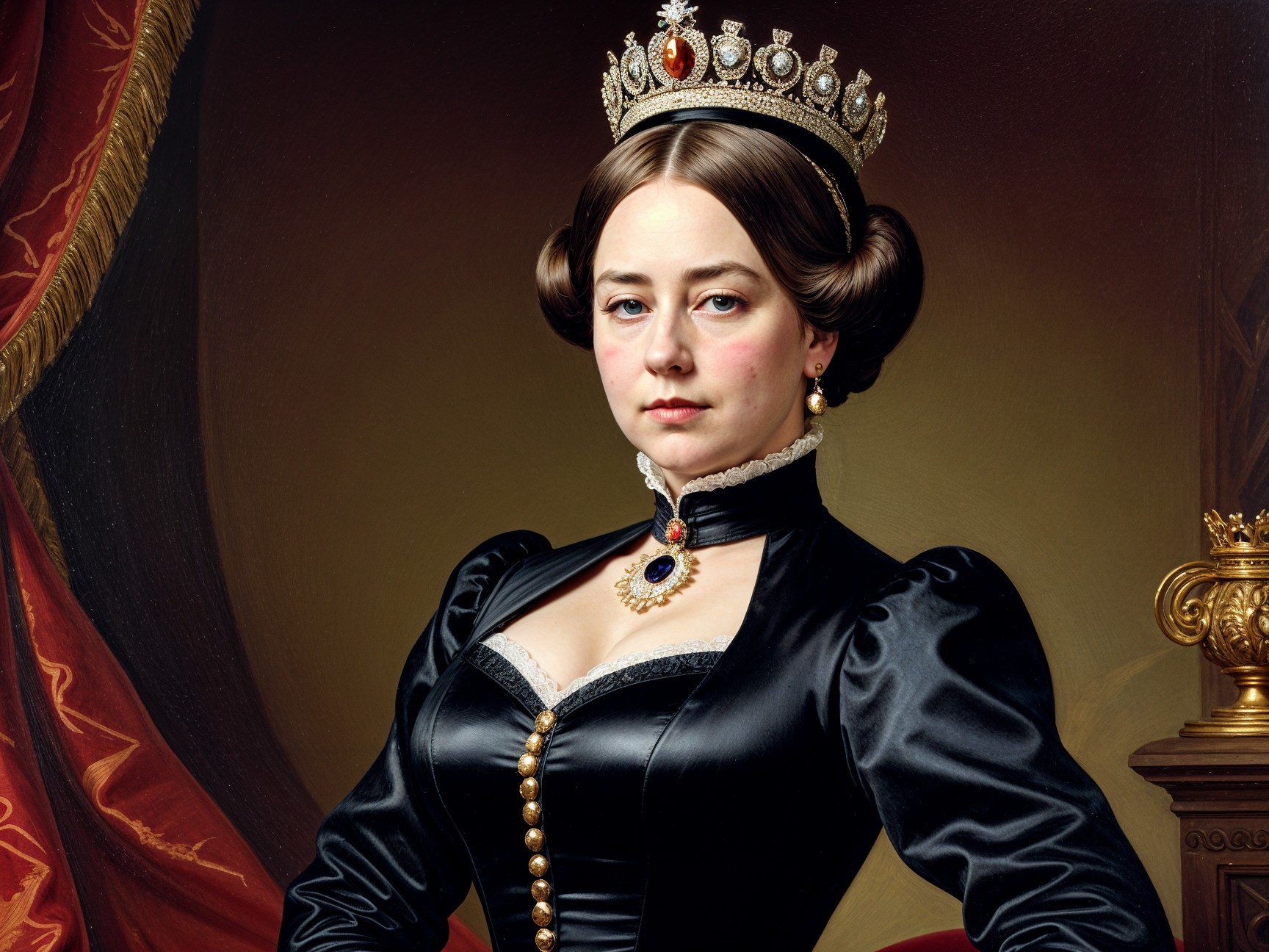 Elegant Woman in Black Dress with Crown and Necklace