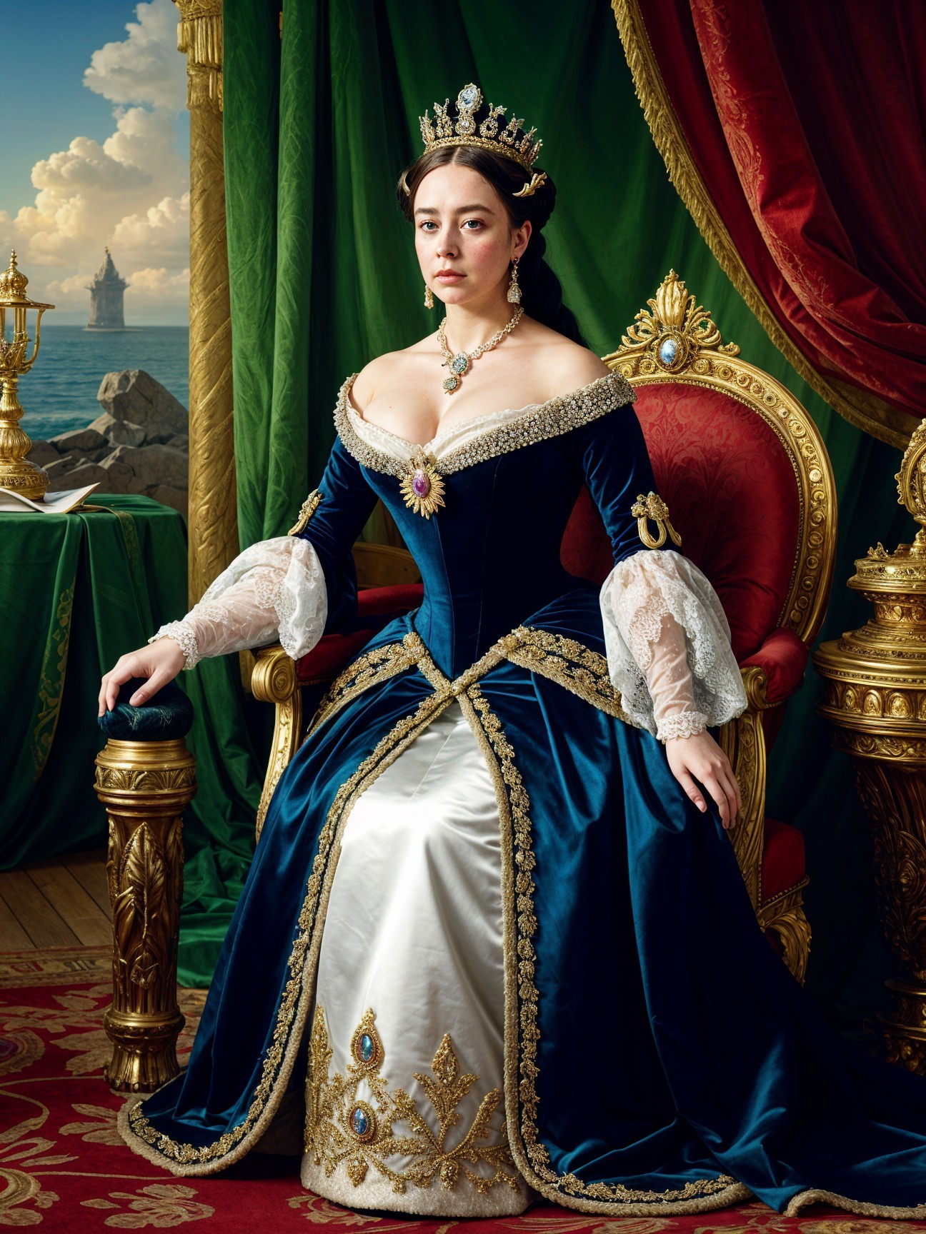 Regal Woman on Throne in Elegant Navy Gown