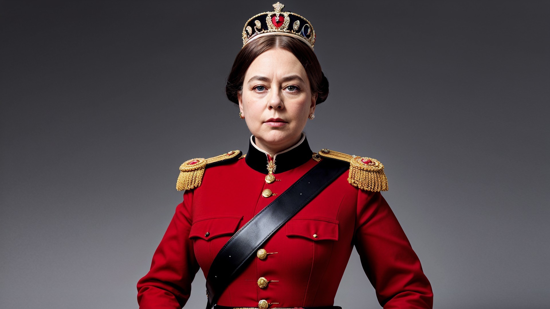 Regal figure in red military uniform with crown