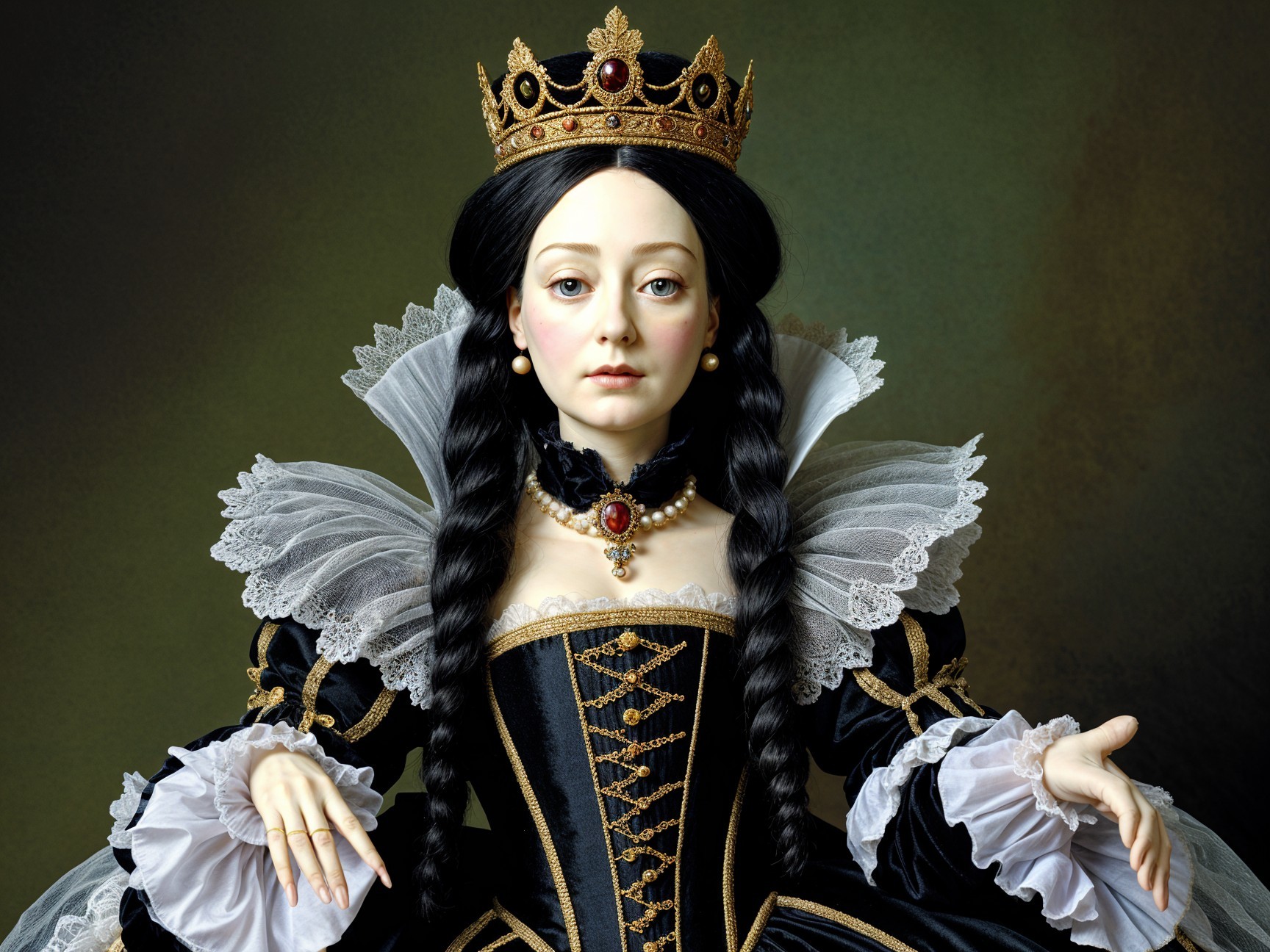 Regal doll in black gown with gold details and crown