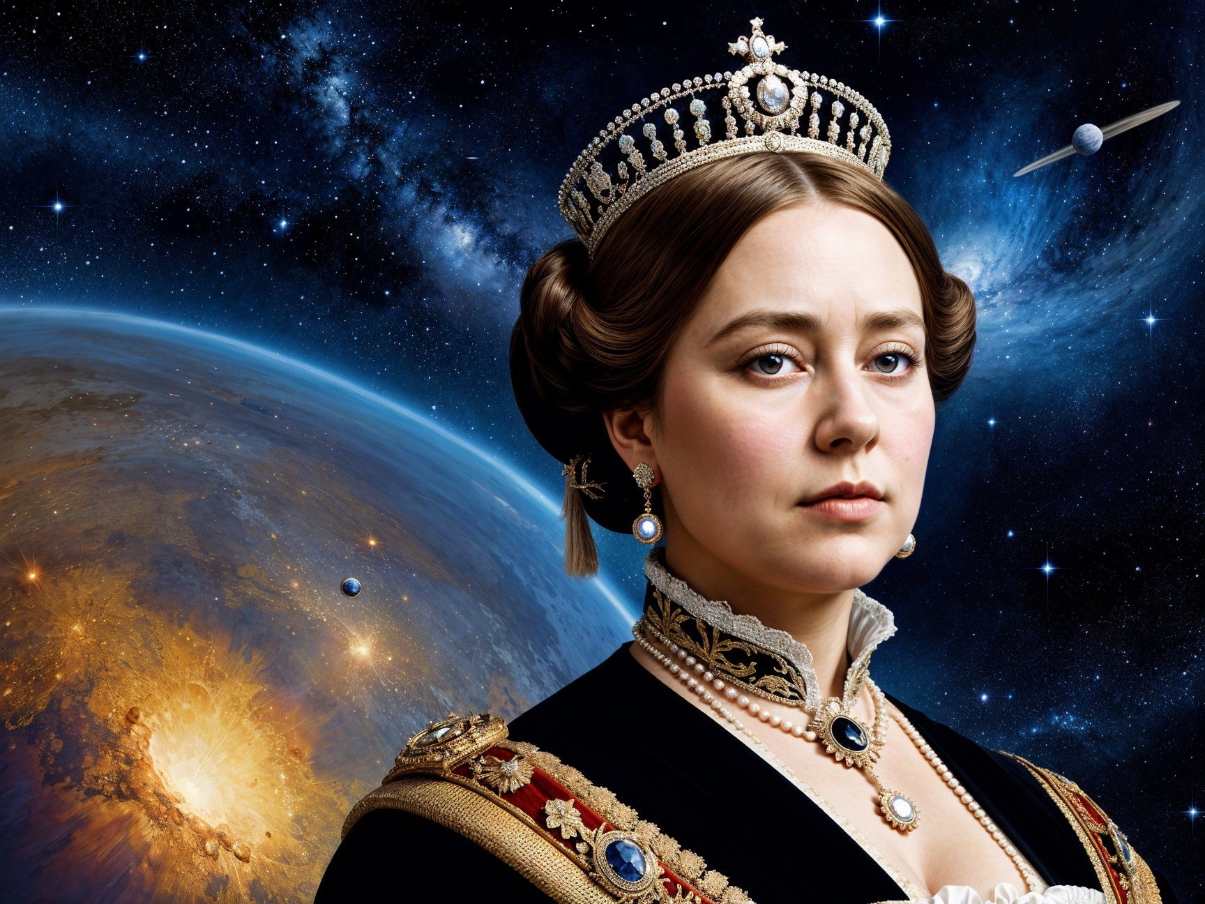 Regal Figure in Opulent Gown Against Cosmic Background