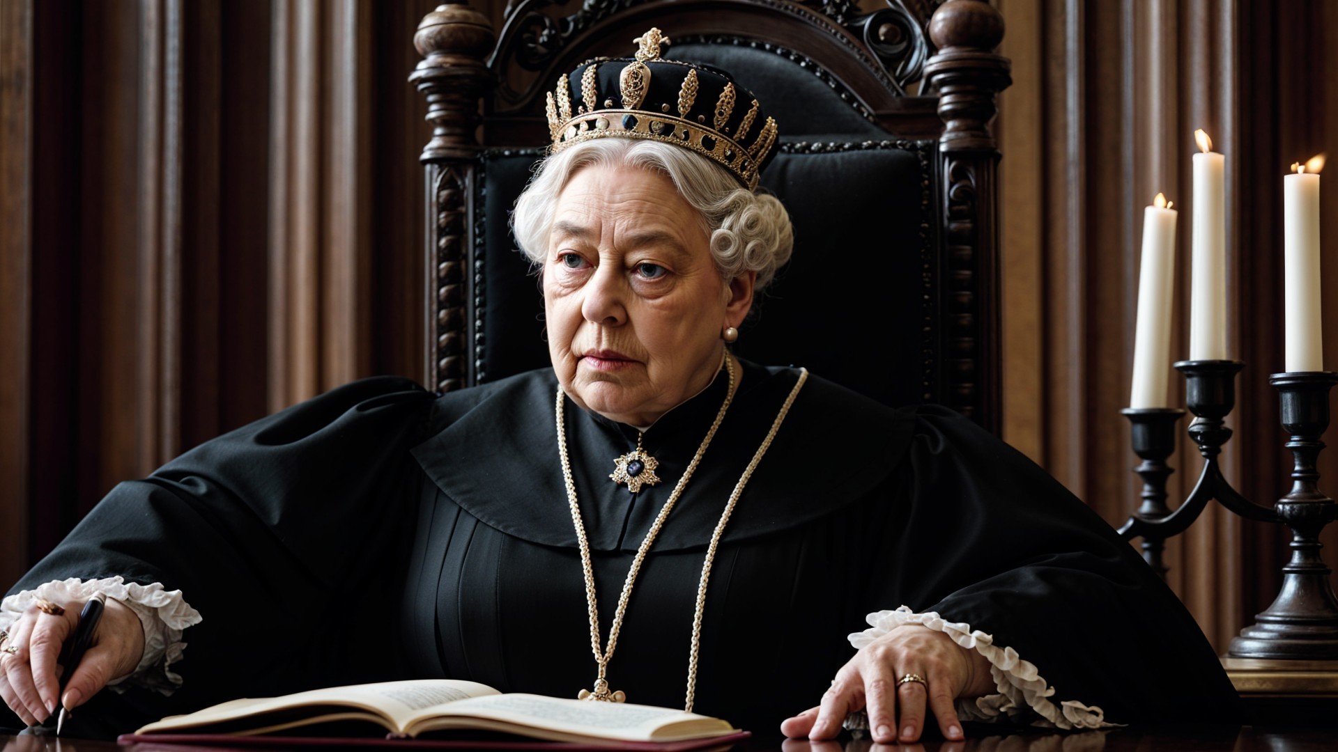 Regal Figure on Ornate Throne in Dimly Lit Room