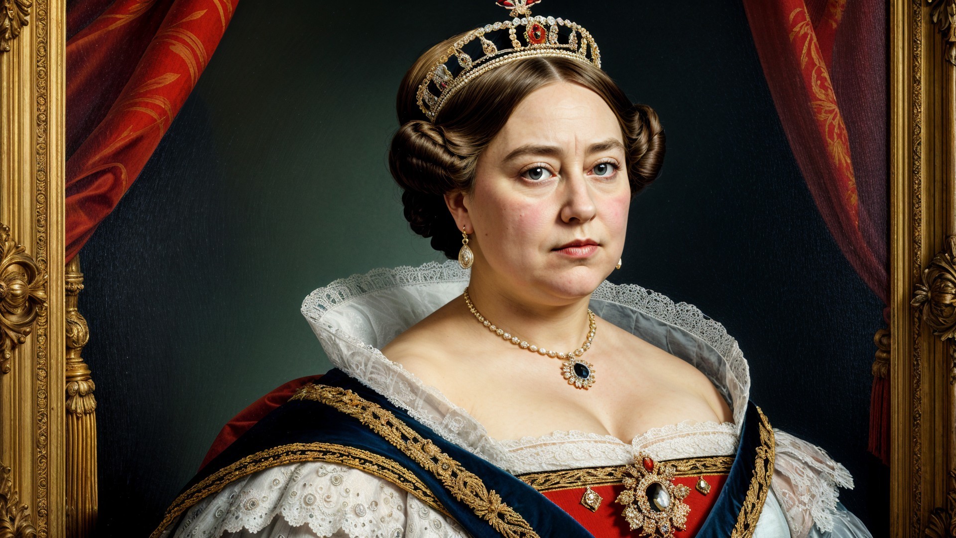 Regal Woman in Opulent Gown and Elaborate Crown