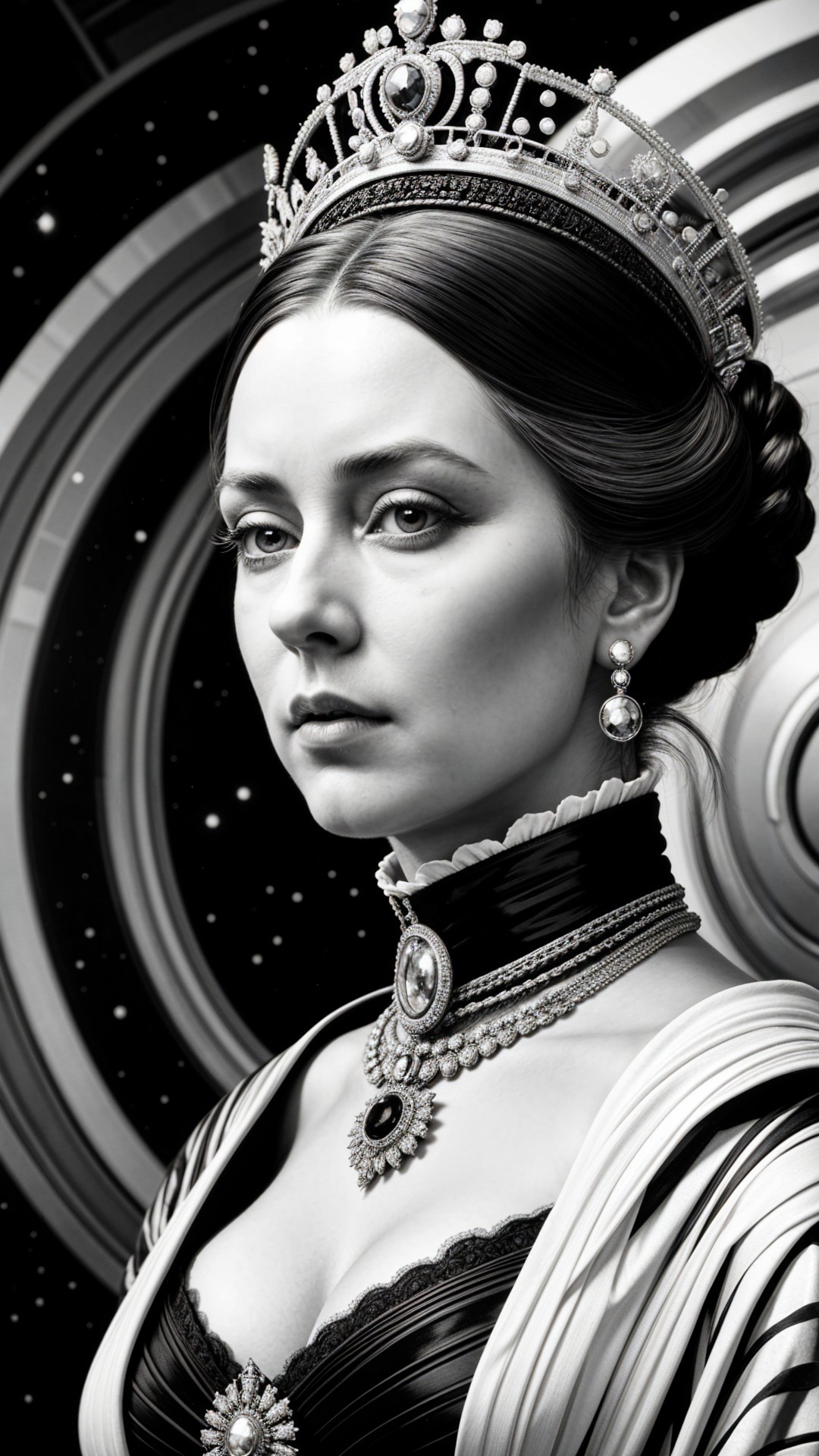Black and white portrait of a regal woman with crown