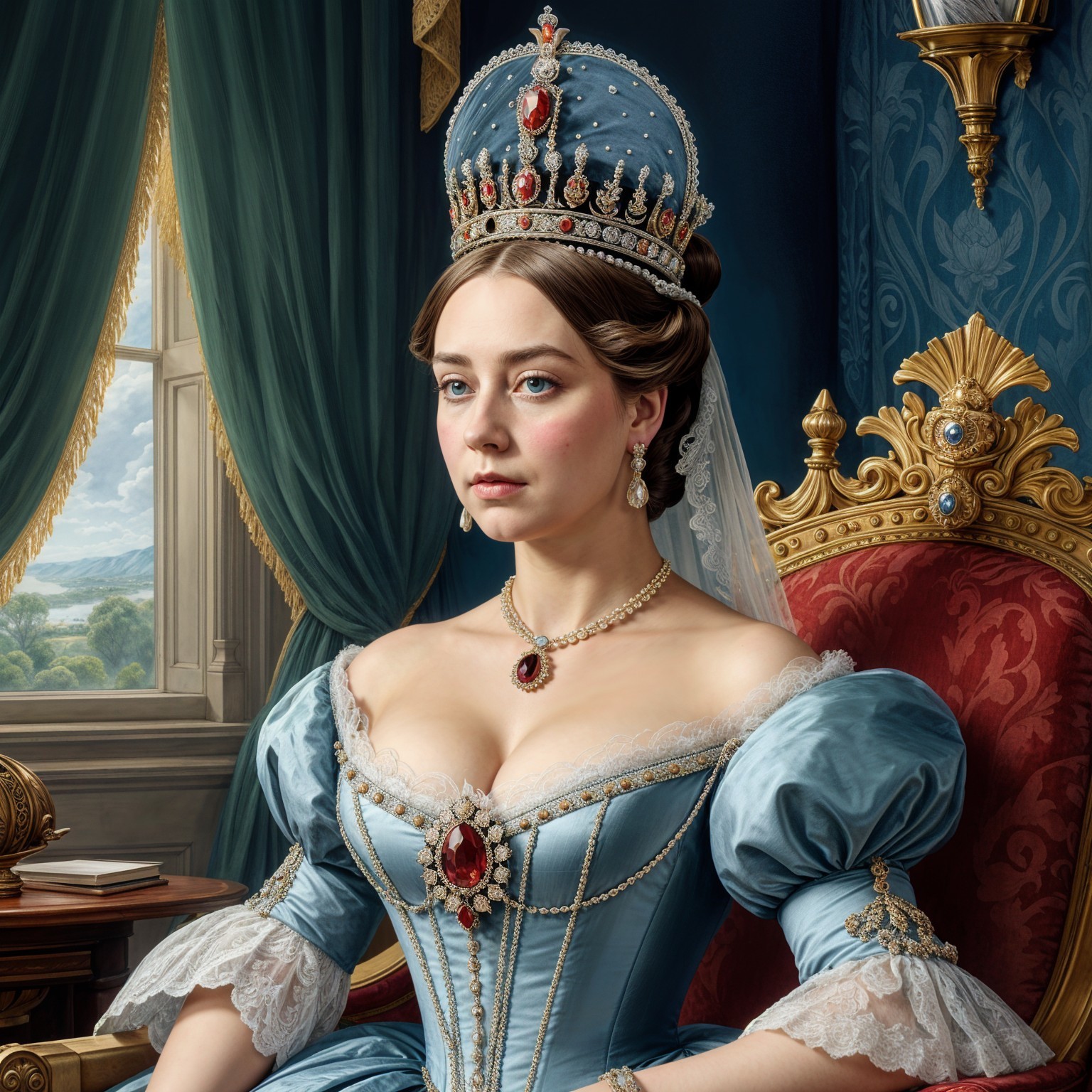 Regal Woman in Elegant Blue Gown and Ornate Chair