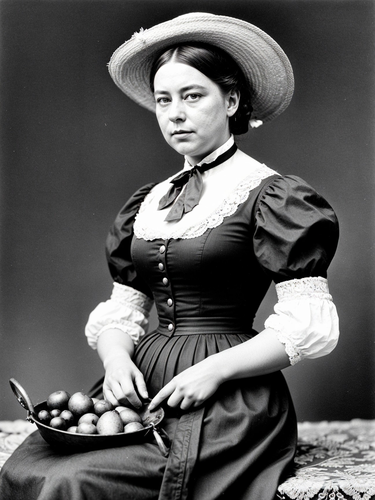 Young Woman in Vintage Dress with Fruit Basket
