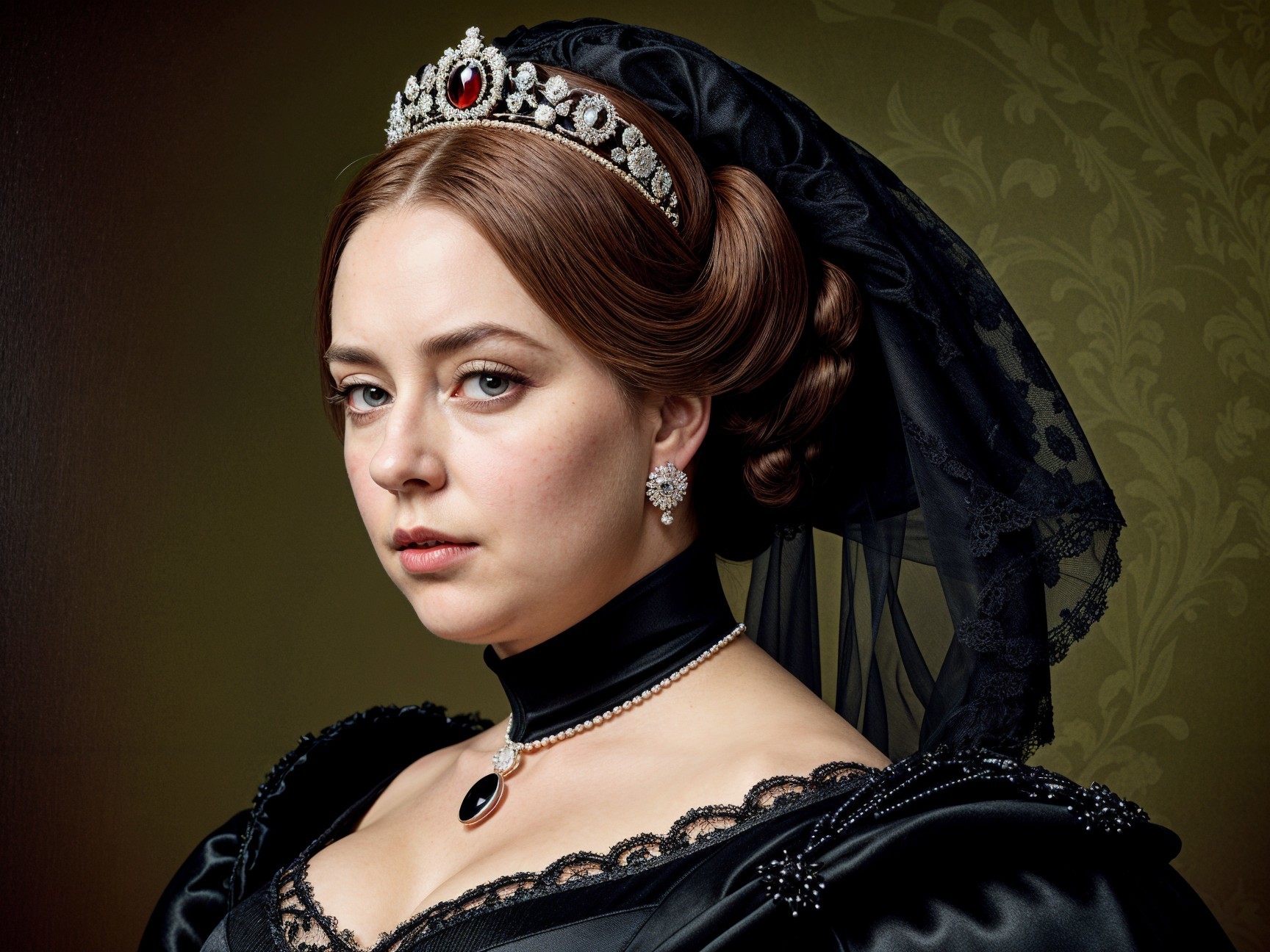19th-Century Woman in Elegant Black Gown Portrait