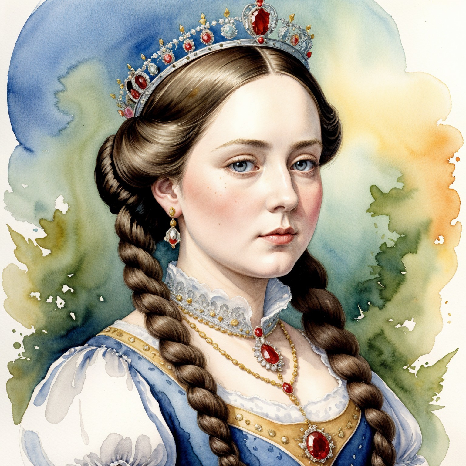 Young woman in jeweled crown and elegant gown
