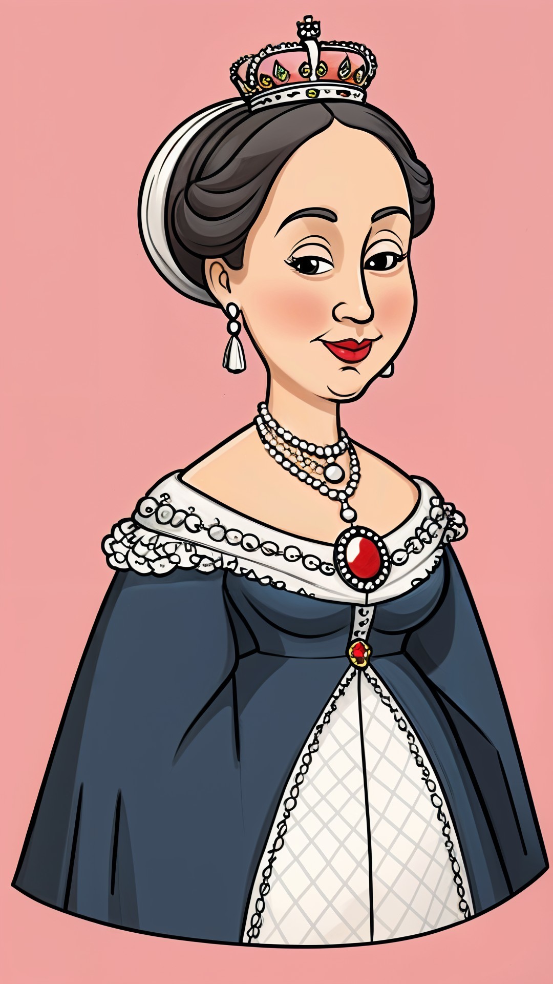 Stylized Illustration of a Queen in Dark Blue Gown