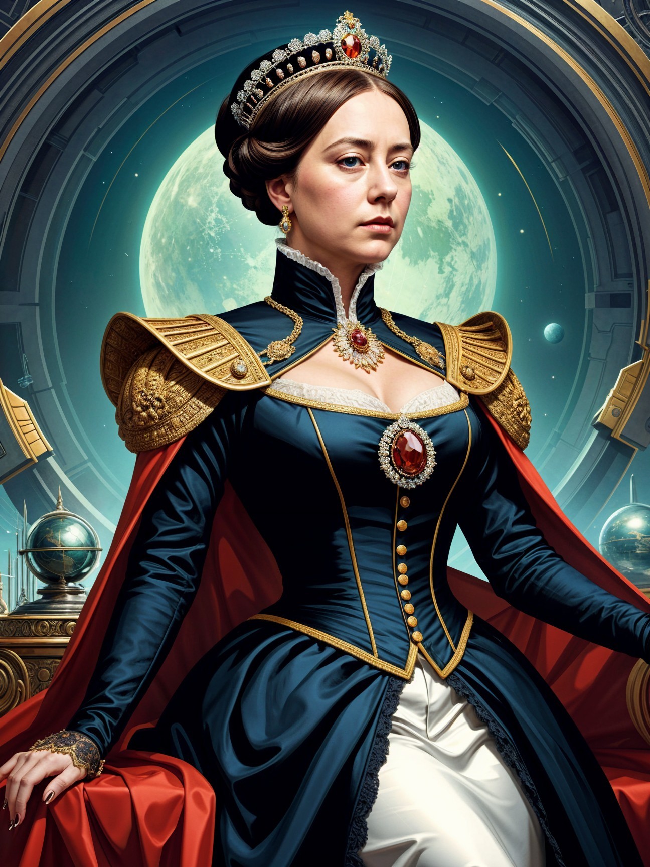 Regal figure in blue gown with celestial backdrop