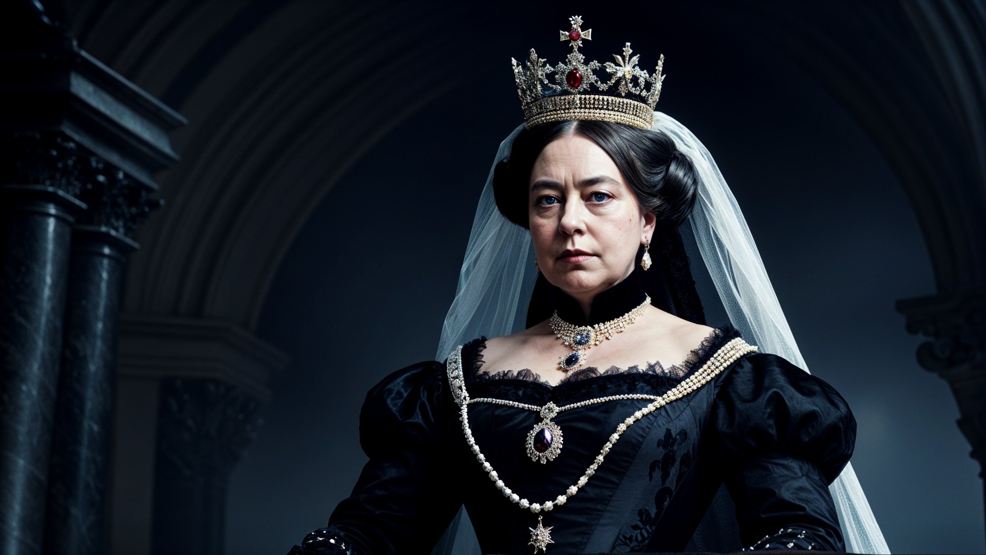 Regal Figure in Black Gown with Crown and Veil