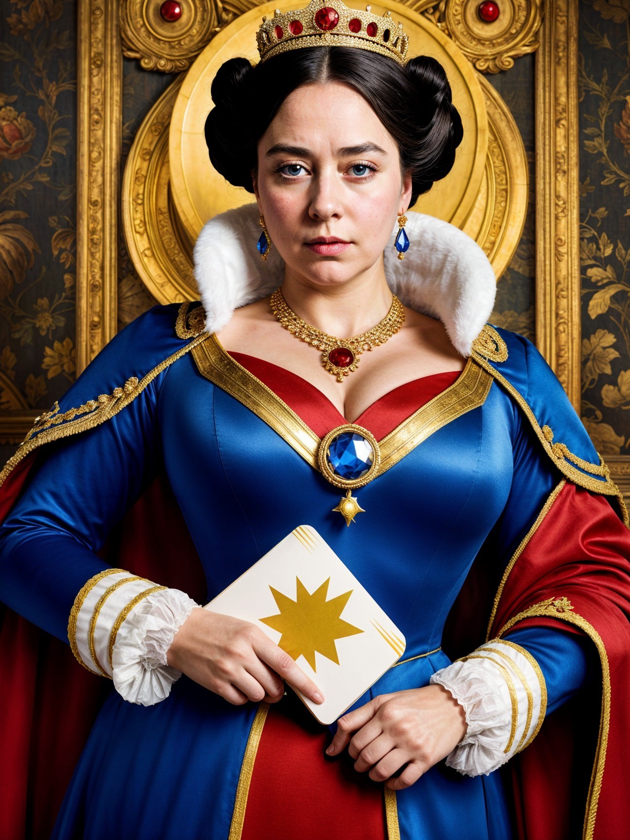 Regal Woman in Elaborate Royal Costume and Crown