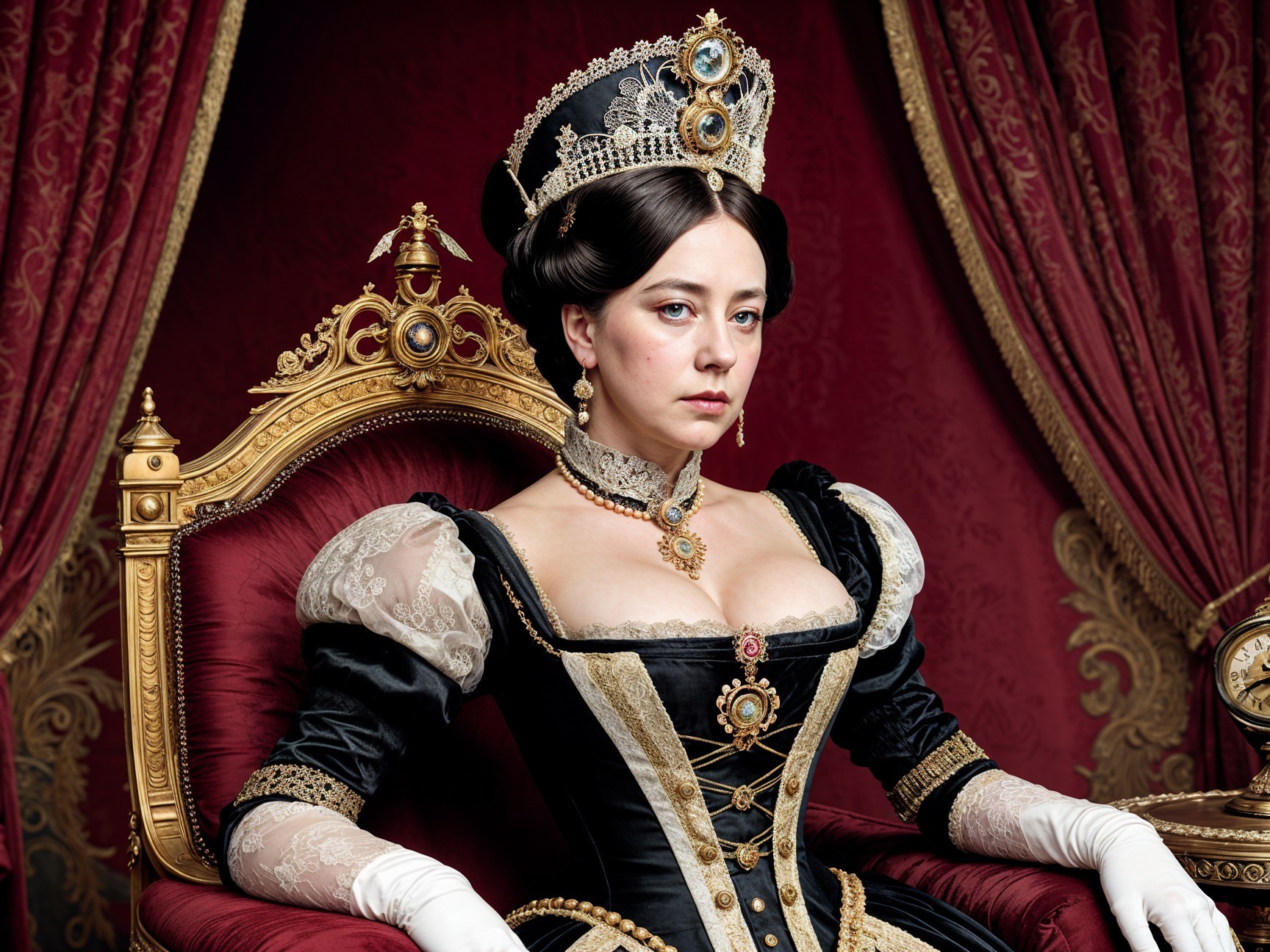 Regal Woman on Lavish Throne in Black Gown