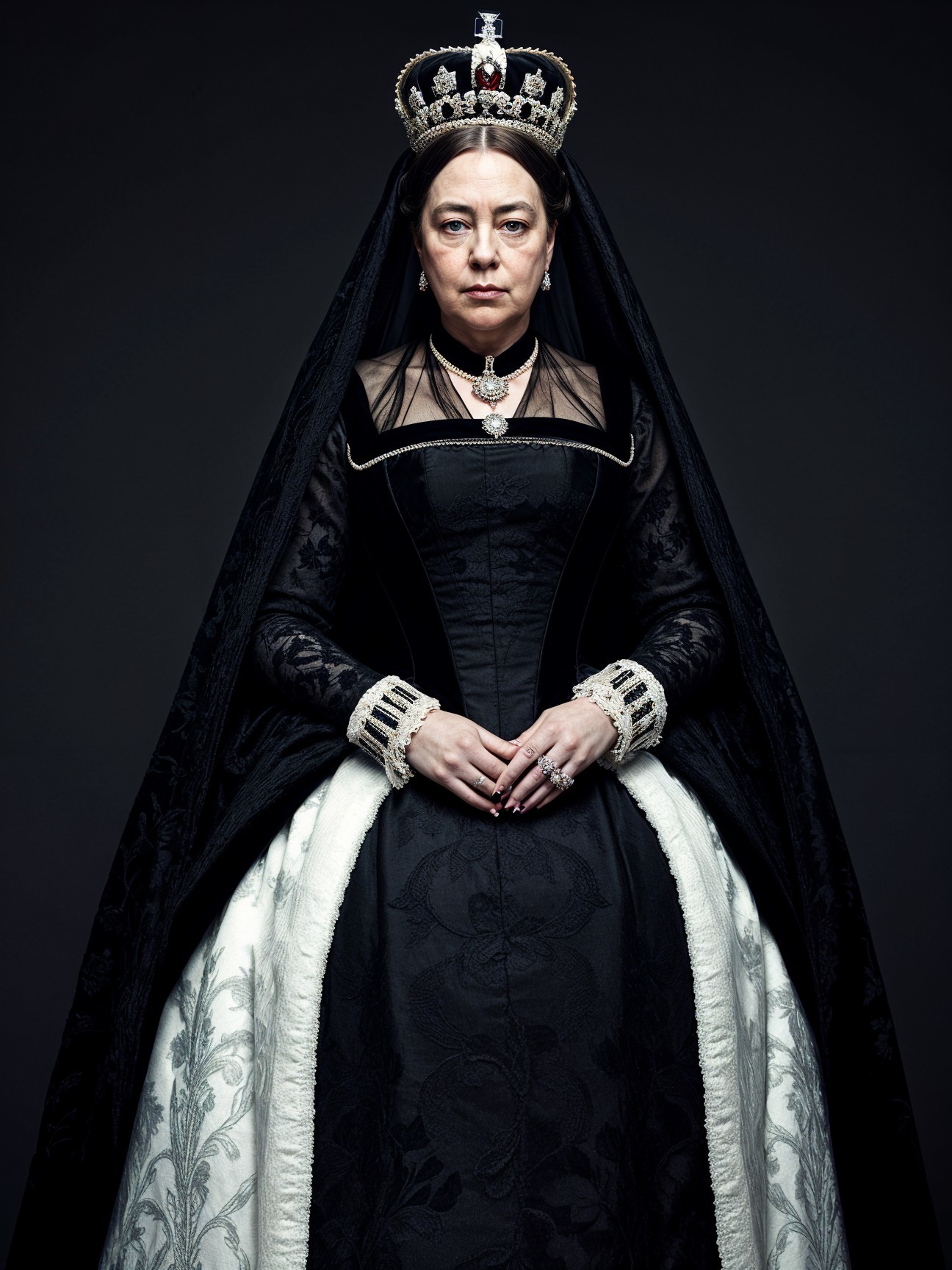 Portrait of a Woman in Black Dress and Crown