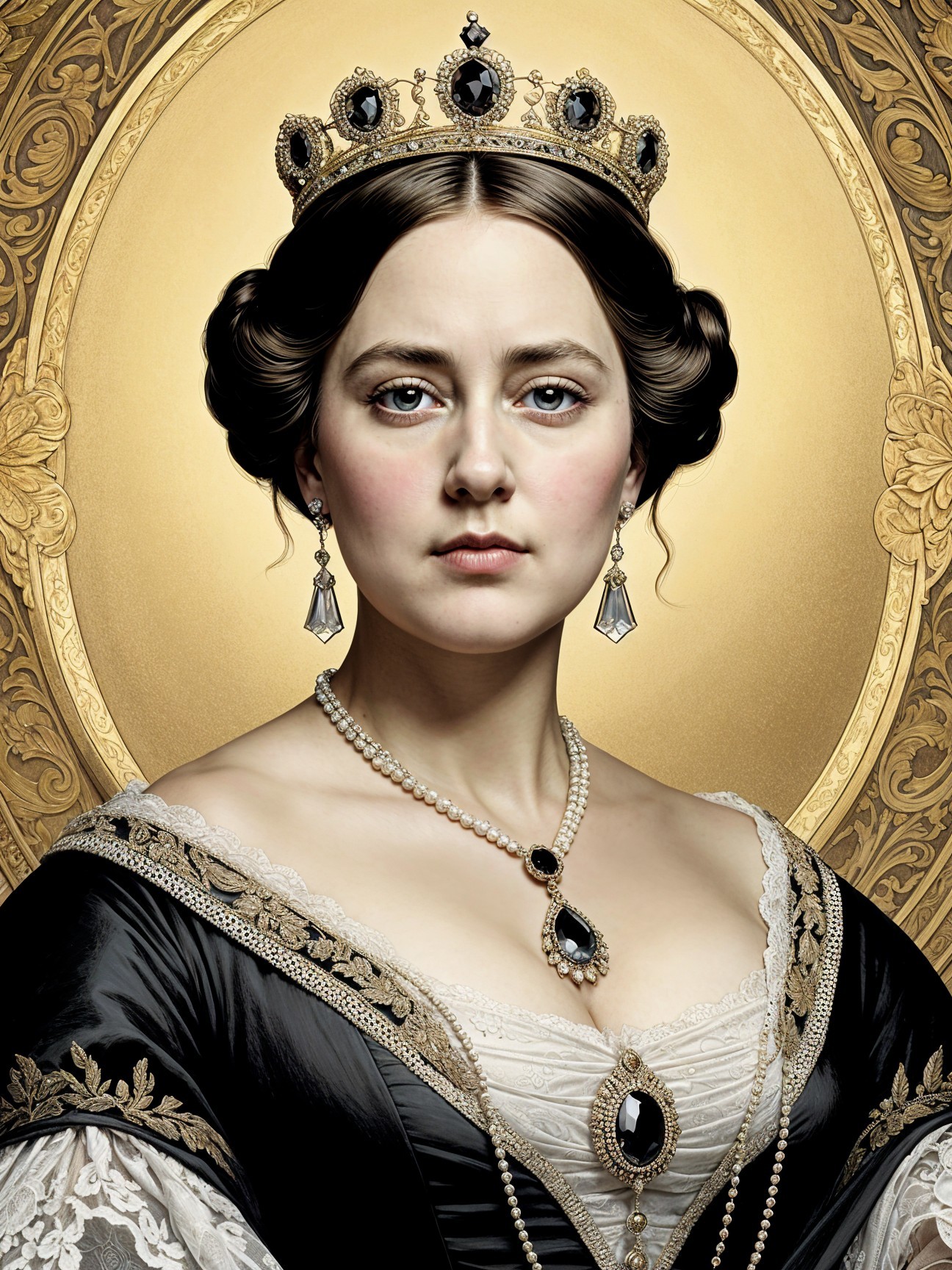 Regal Woman in Black and White Gown with Crown