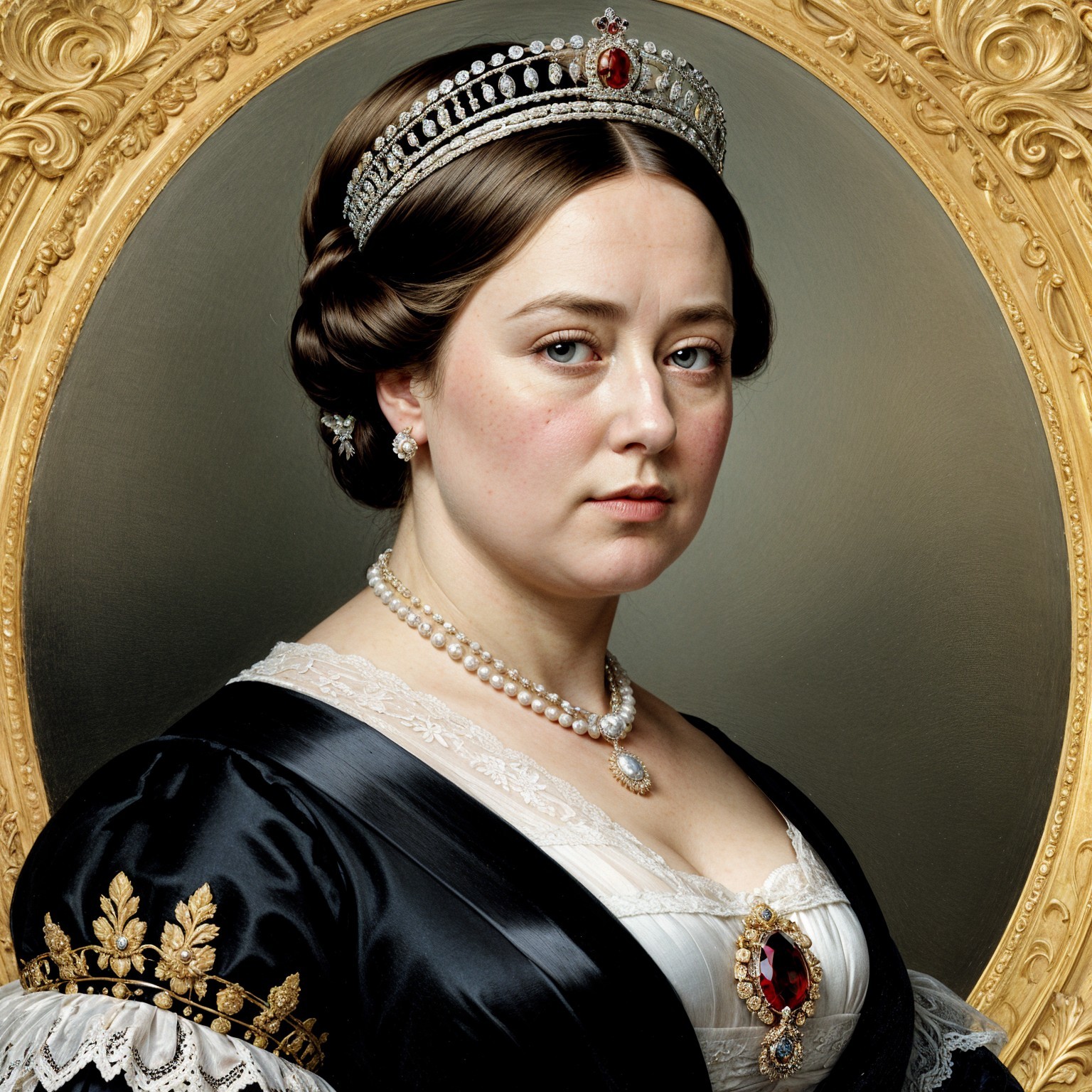 Regal Portrait of a Figure in Black Gown and Tiara