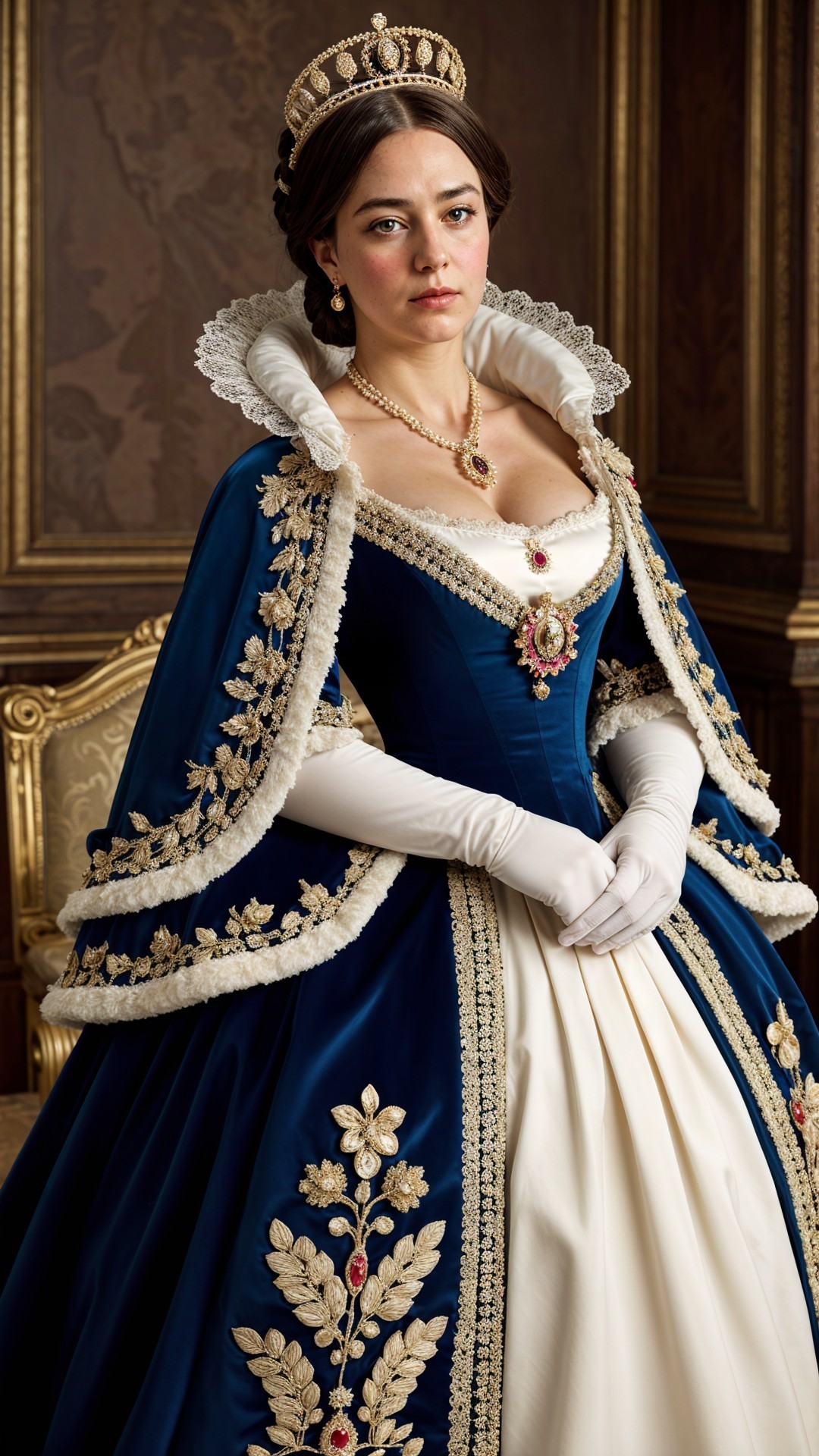 Elegant Woman in Historical Gown with Rich Embroidery