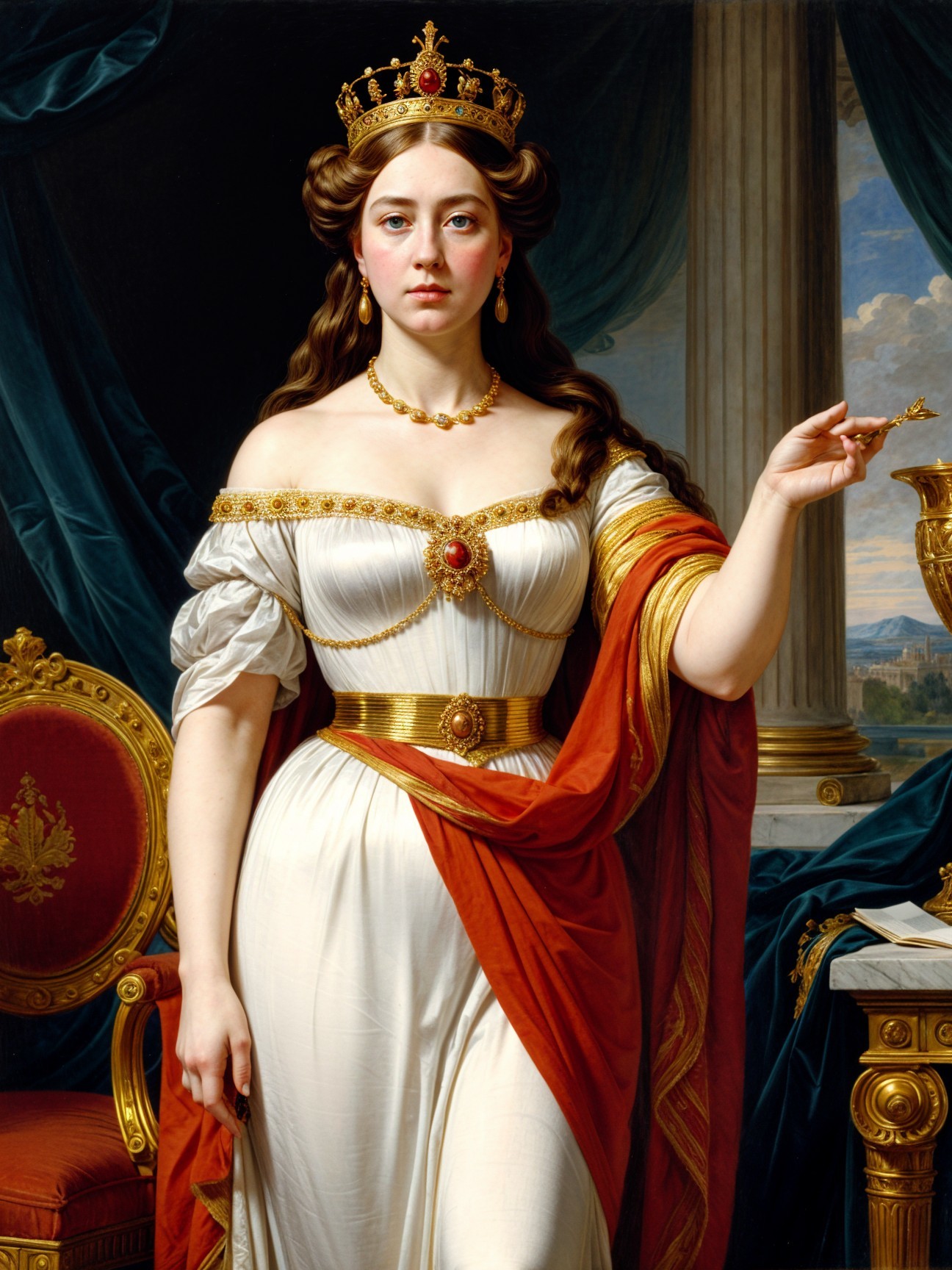 Regal Woman in Elegant Gown with Crown and Cape