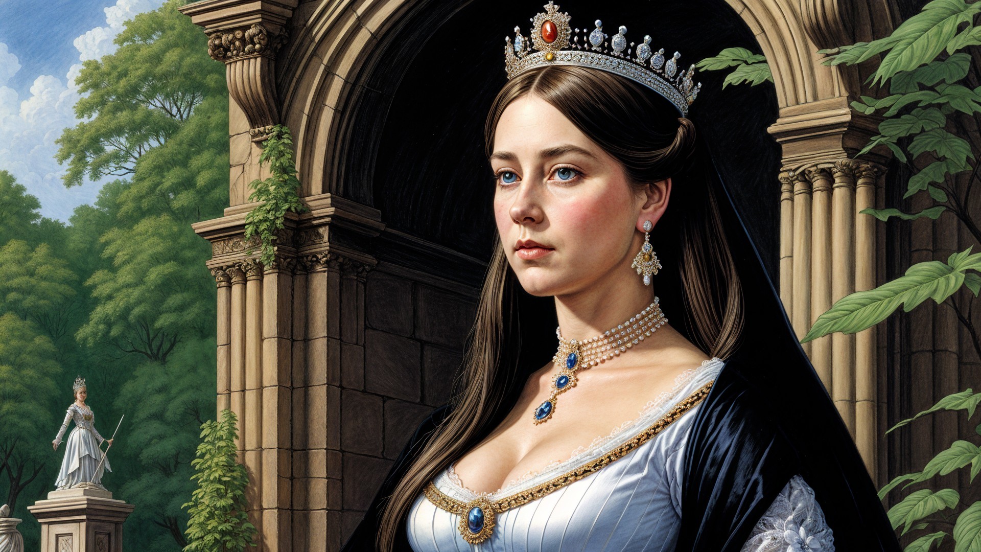 Regal Woman in Detailed Gown in Lush Garden Setting