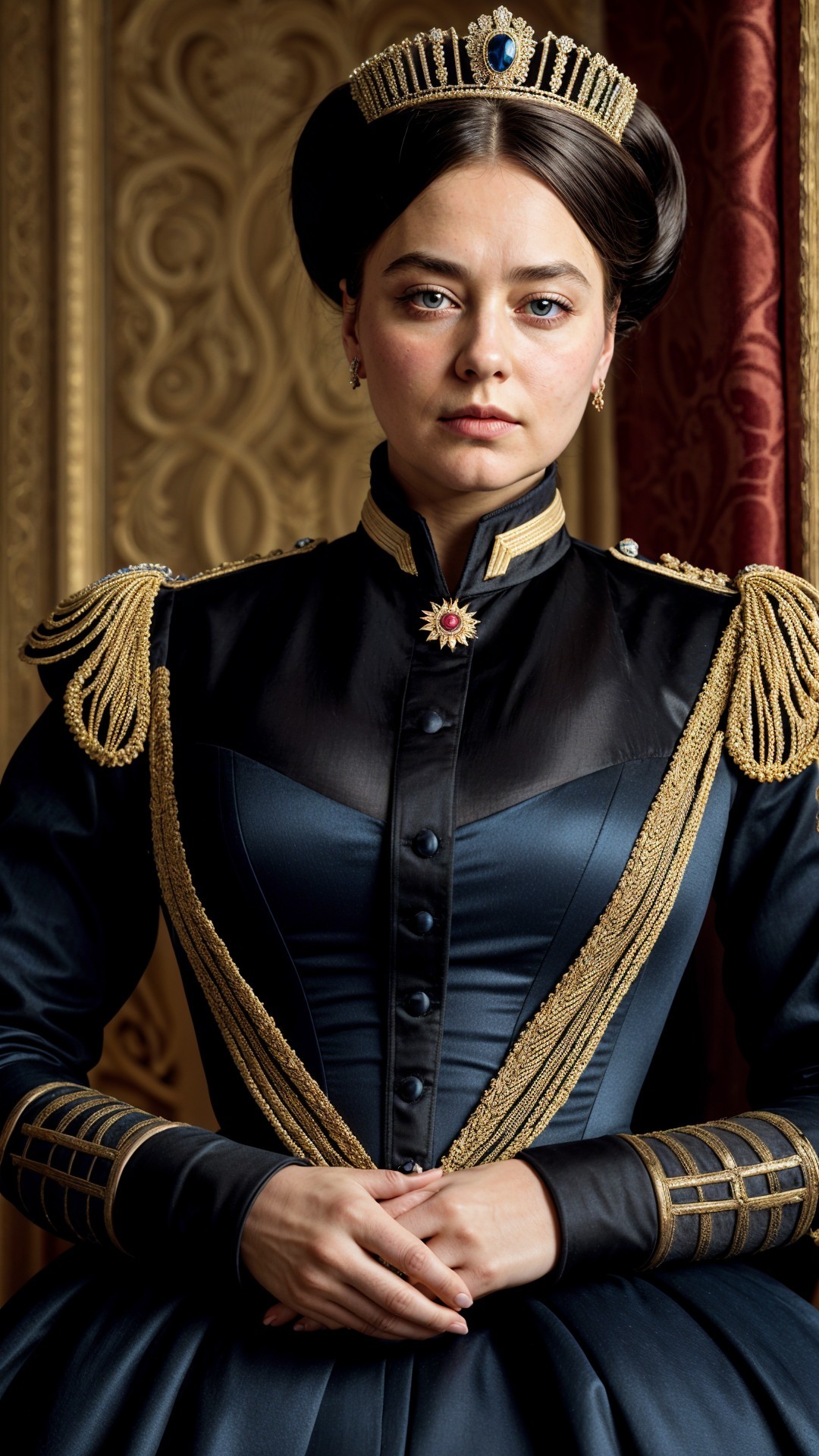 Poised Woman in Dark Blue Gown with Gold Embroidery