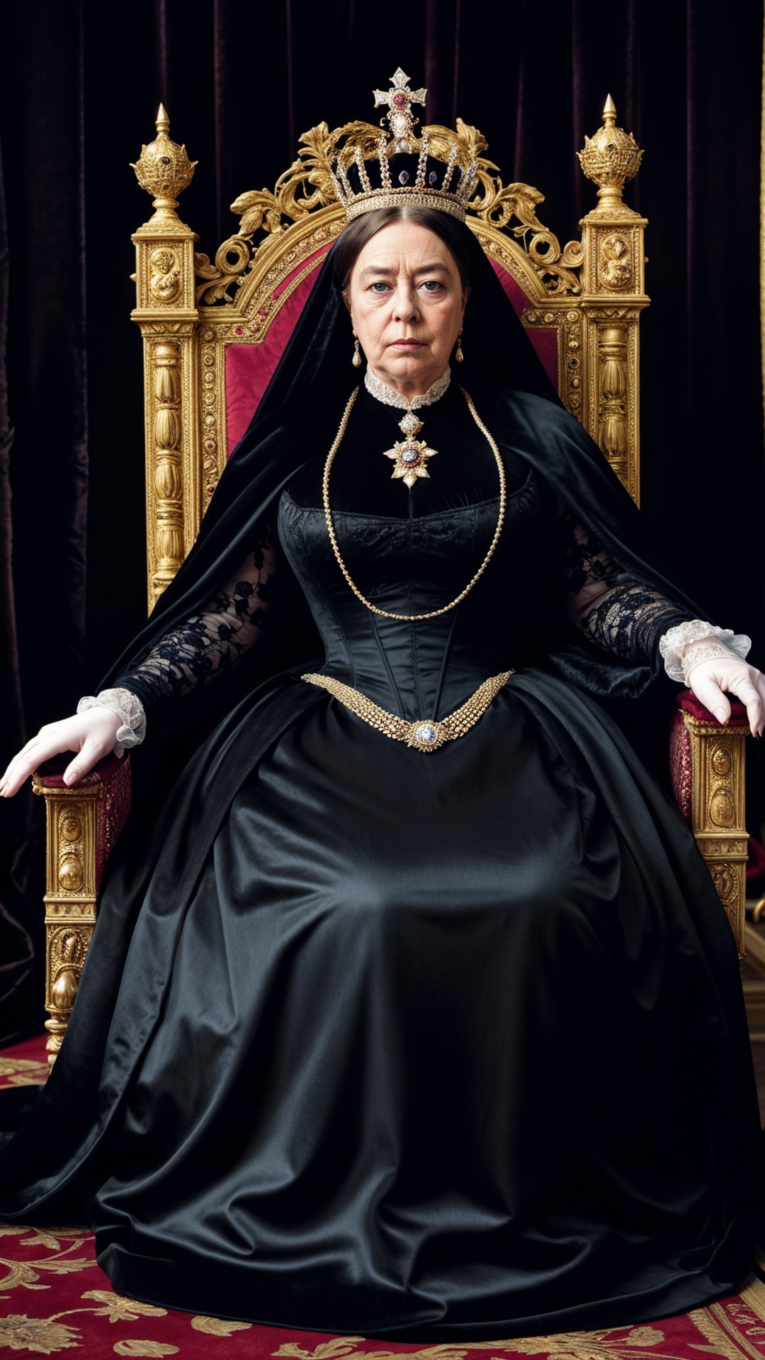 Regal Figure on Ornate Golden Throne in Black Gown