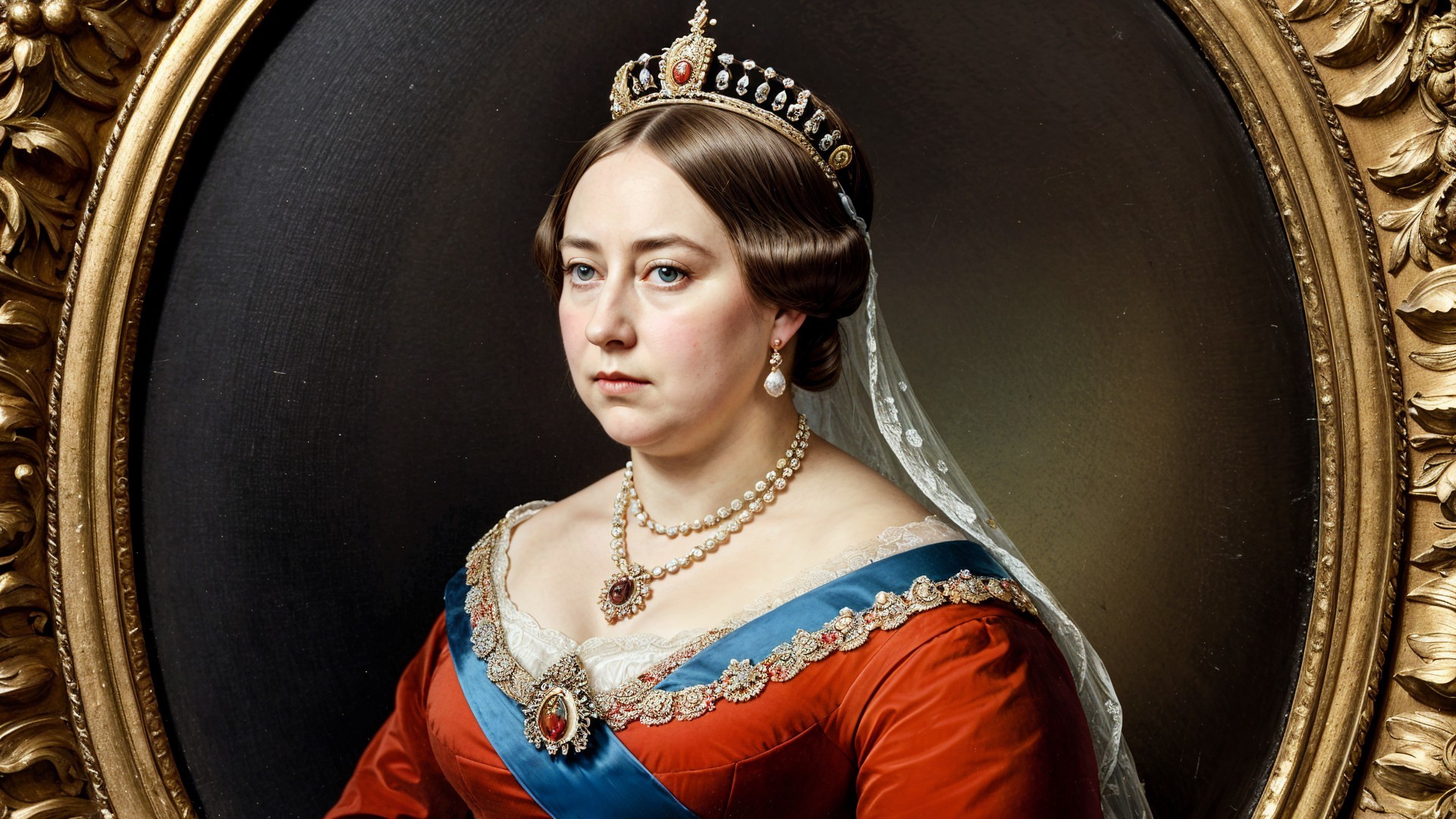 Regal Portrait of a Figure in Red Gown and Tiara