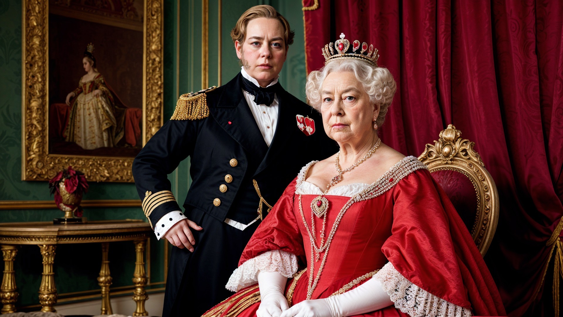 Regal Portrait of Woman in Red Gown and Military Man