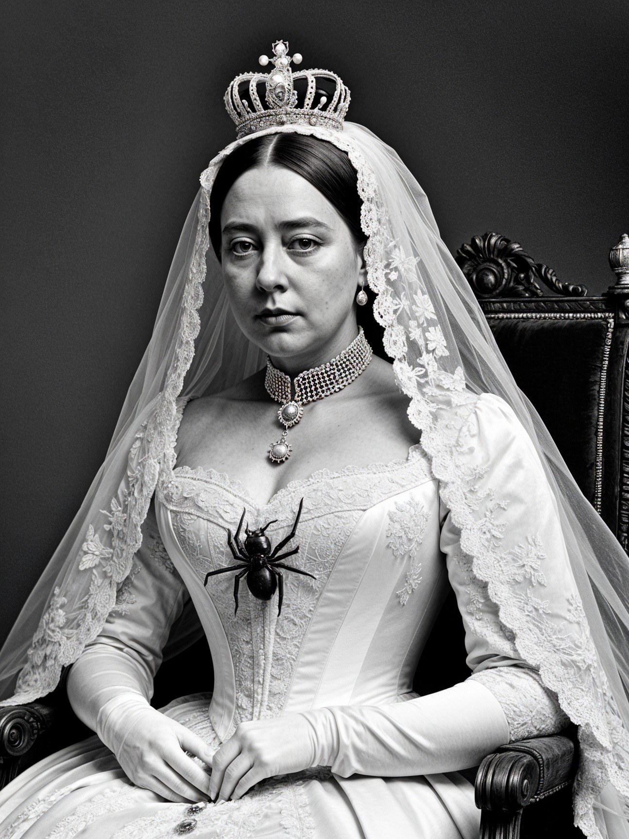 Regal Woman in White Gown with Black Spider Detail